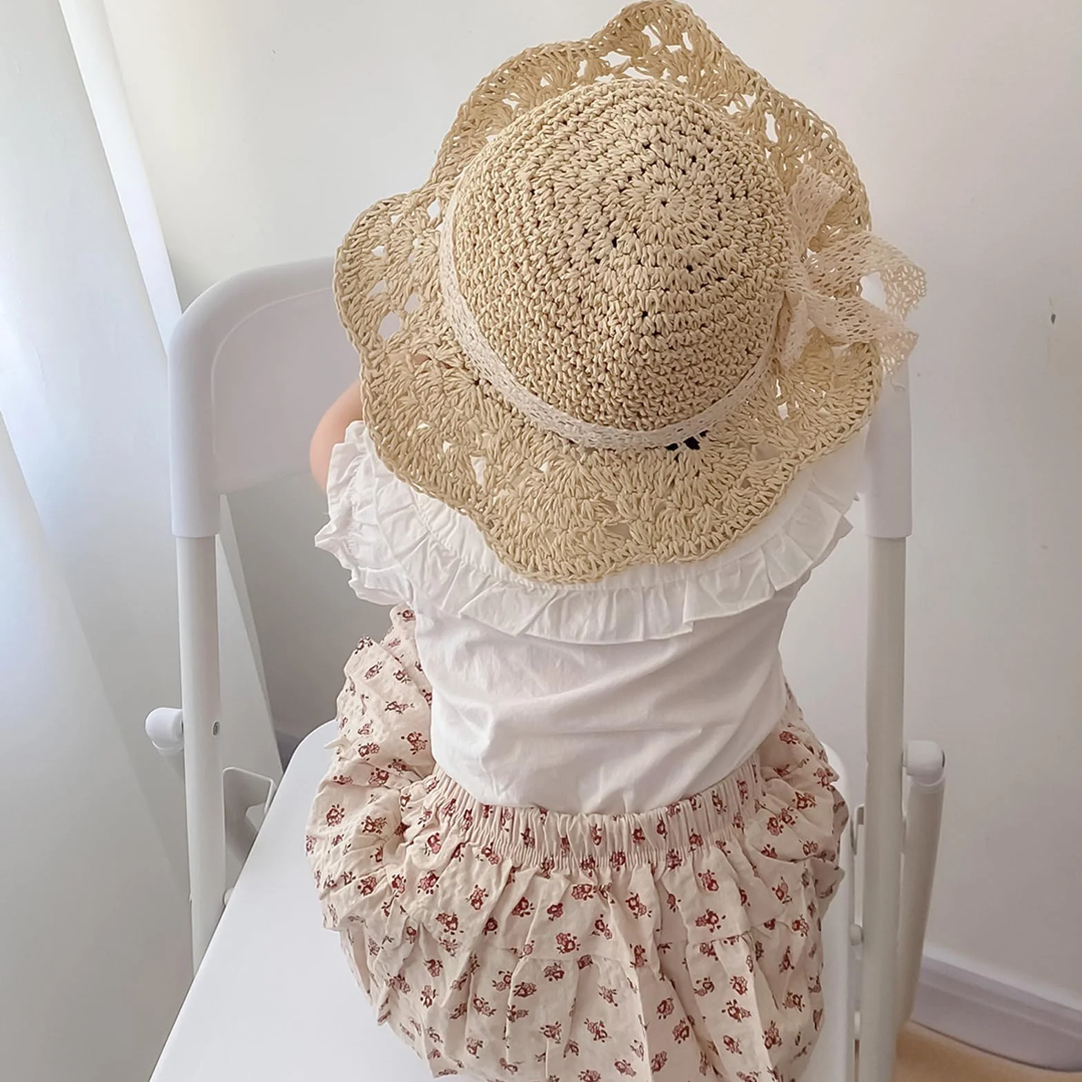 Chapeau Paille Fille Soleil Protection Solaire Pliable Noeud 2-6 Ans