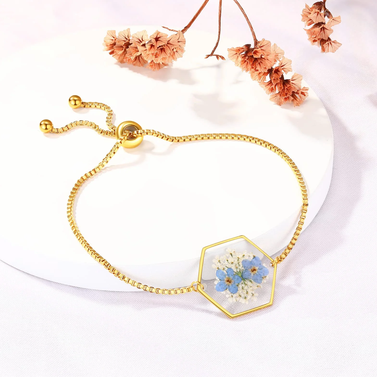 Bracelet Myosotis Queen Anne fleurs sauvages pressées dentelle