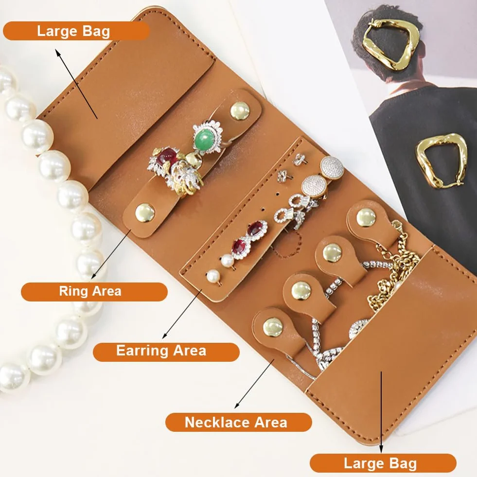 Pochette Bijoux Voyage Femme Pu Cuir Pliable Rangement pour Bague Boucles d'Oreilles Collier