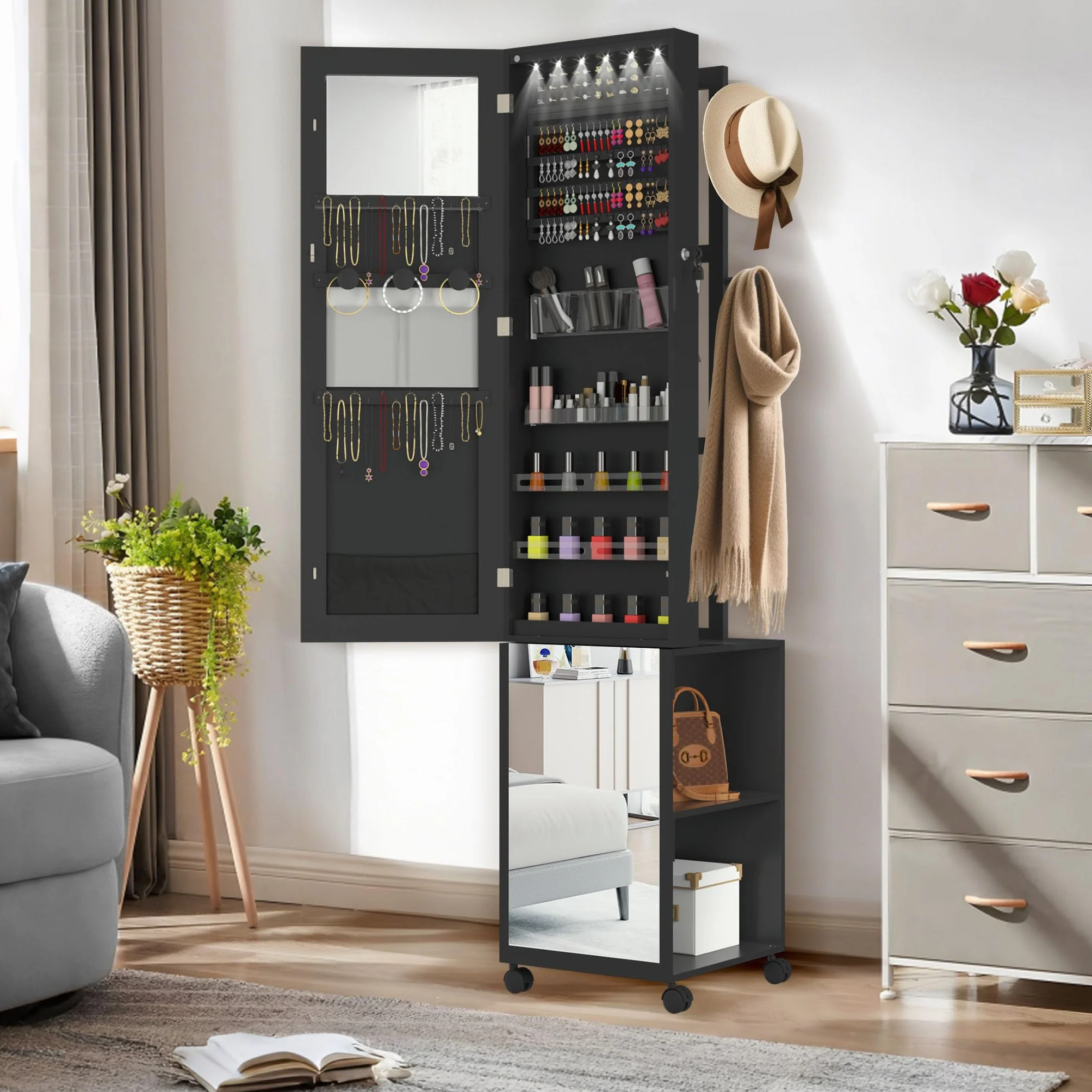 LZQ Armoire à bijoux avec miroir et lumières LED - Verrouillable - 36 x 40 x 170 cm - Noir