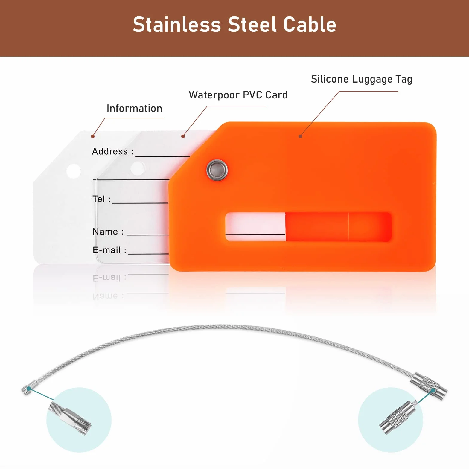 Flintronic Lot de 2 Étiquettes de Bagage en Silicone avec Carte d'Identité, Cordes en Acier Inoxydable
