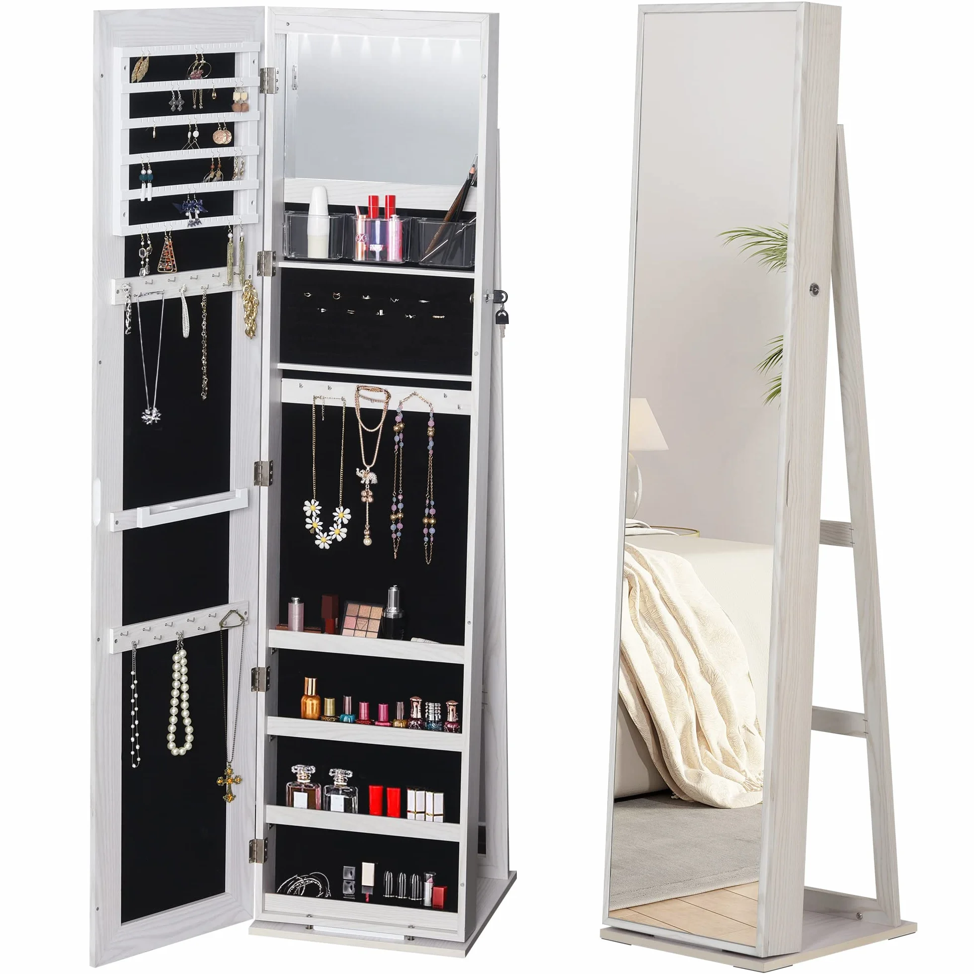 HOMCOM Armoire à Bijoux avec Miroir sur Pied LED Blanc 38x38x157 cm