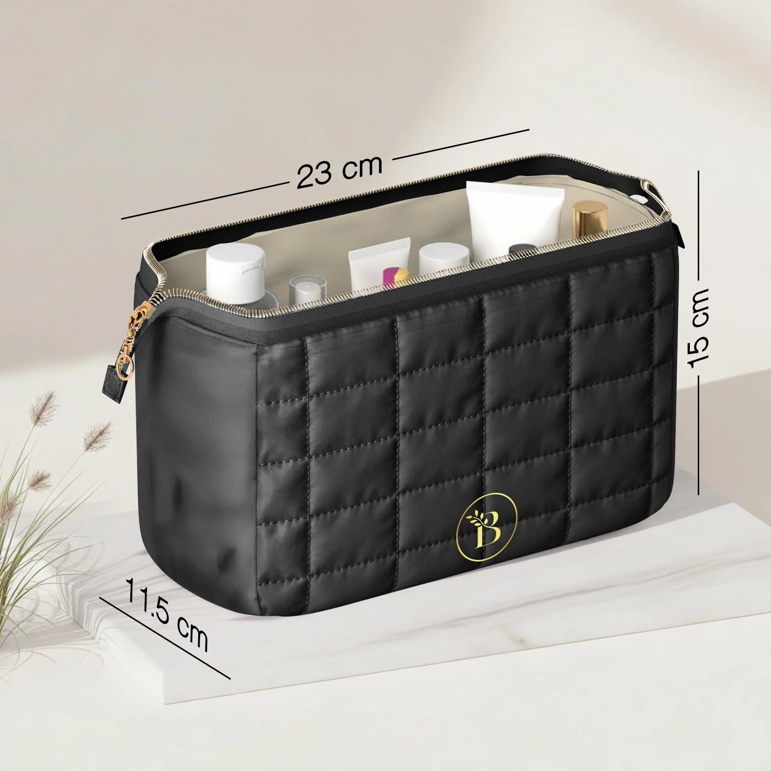 Trousse de Toilette Femme Noir Matelassée Grande Ouverture Organisateur Maquillage Voyage