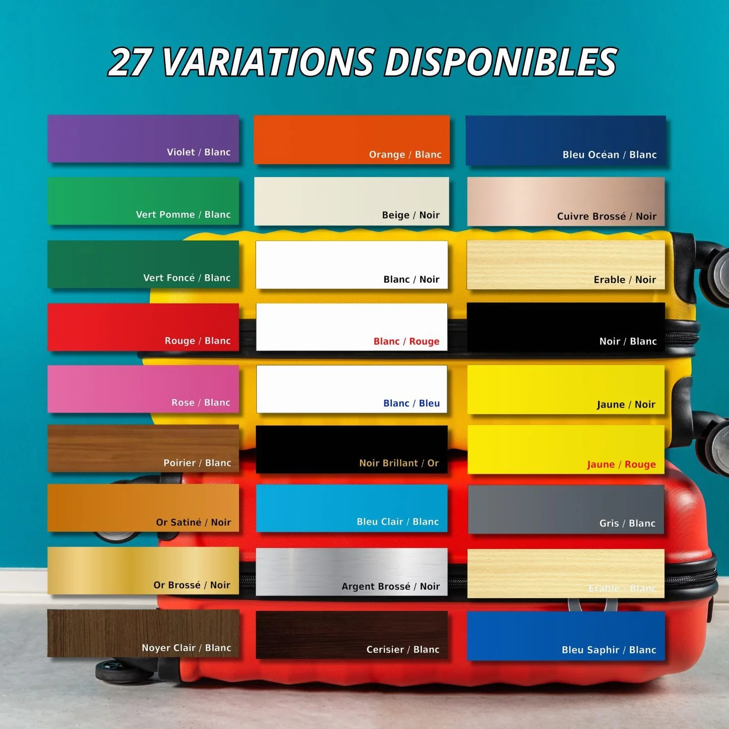 Étiquette de valise personnalisée en acrylique gravé – 27 couleurs – Résistant à l'eau et aux UV – Attache PVC incluse