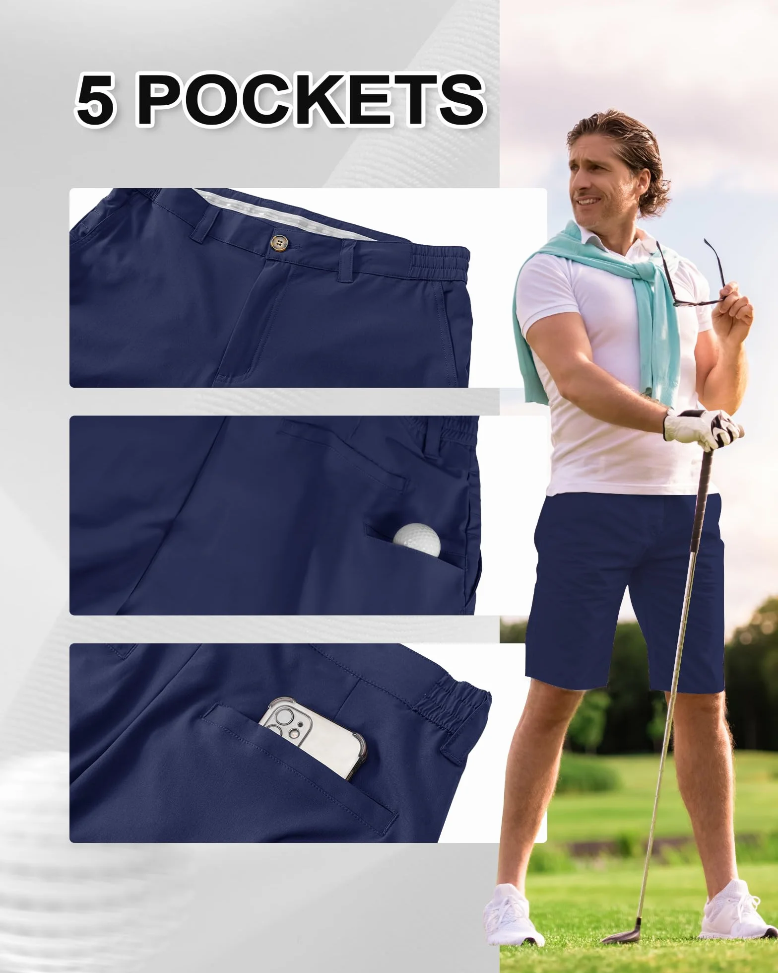 Short de golf stretch UPF 50+ pour homme - Léger - Séchage rapide - 22,4 cm