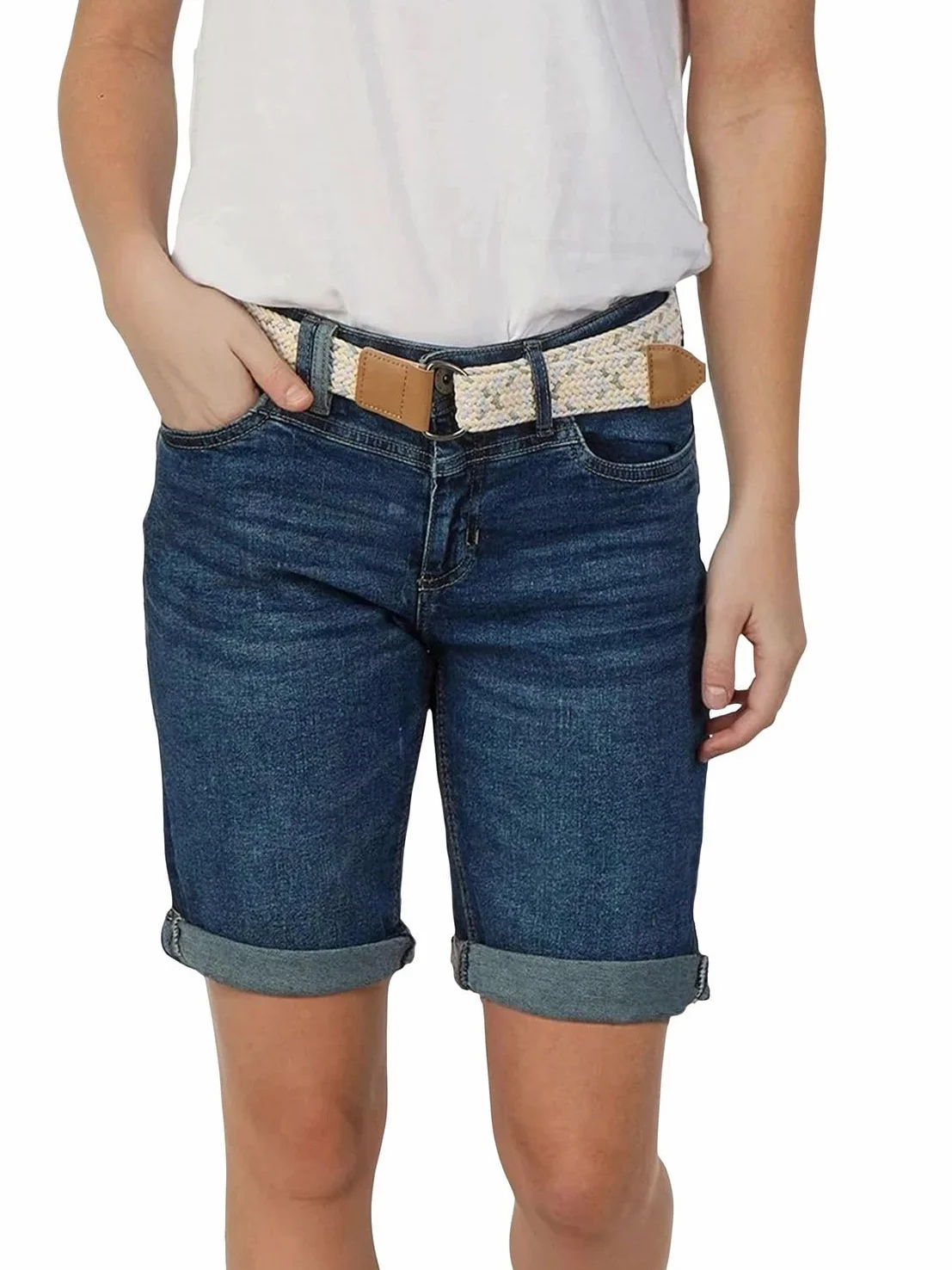 DENIMFY DFLena Short en jean pour femme avec ceinture - Coupe droite - Pantalon d'été en denim stretch - Couleur unie - Bleu - Tailles S, M, L, XL, XXL