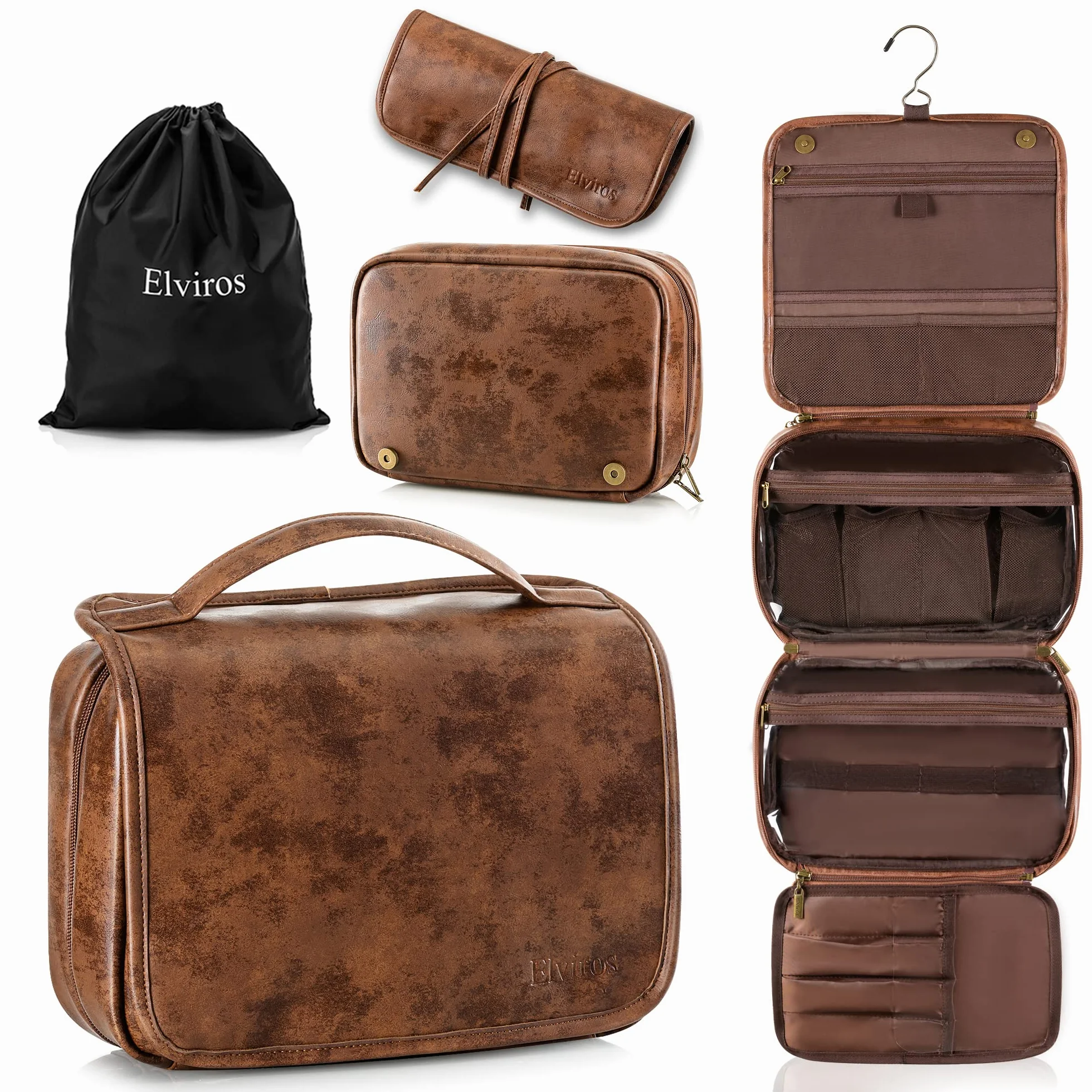 Trousse de Toilette Homme Femme Voyage Grande Capacité Crochet 3 en 1 Maquillage Amovible Cuir PU Imperméable 28 x 22 x 10 cm Marron Foncé
