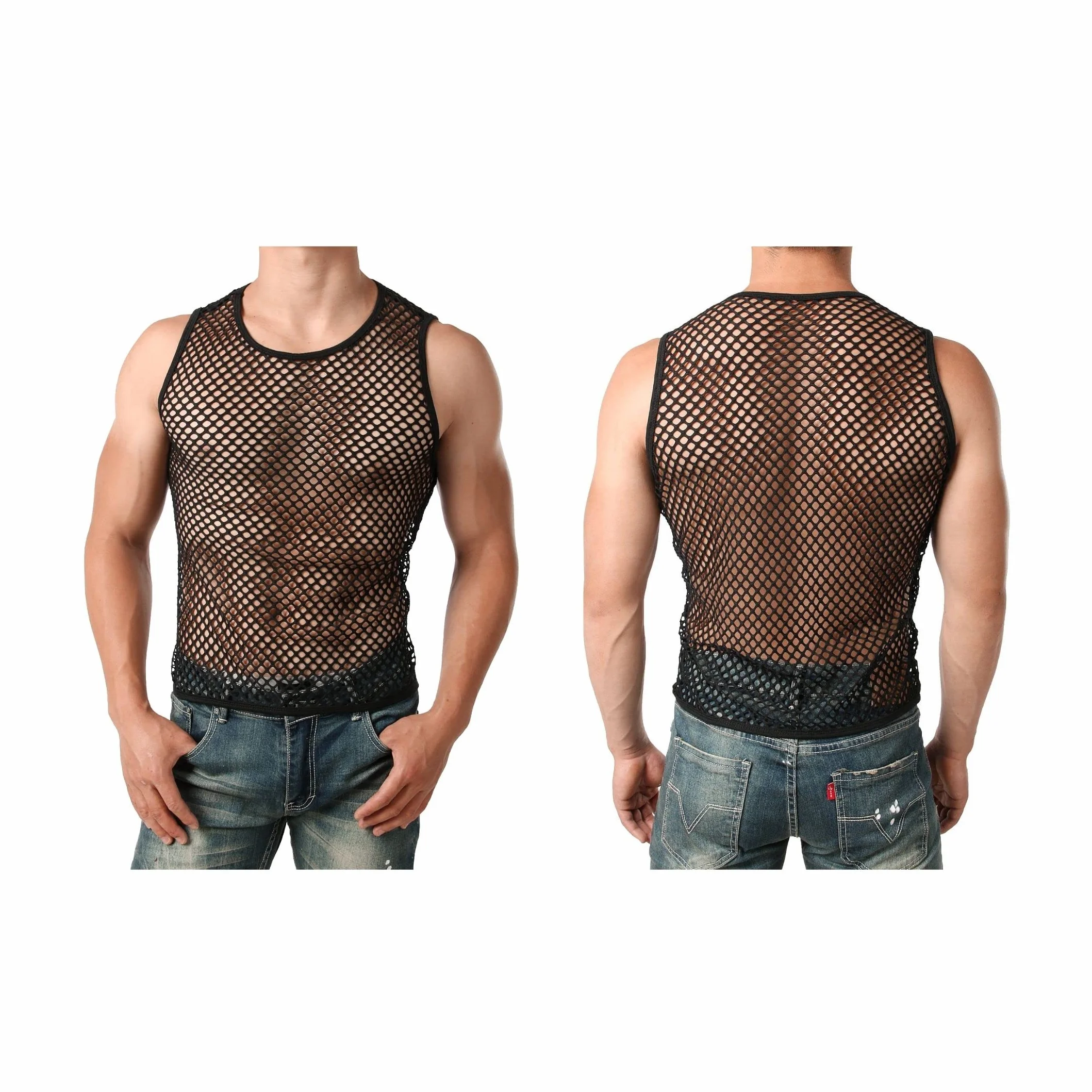 Maillot de Corps en Maille Transparent sans Manches pour Homme, Débardeur Filet Respirante T-Shirt Muscle Tank Top Noir