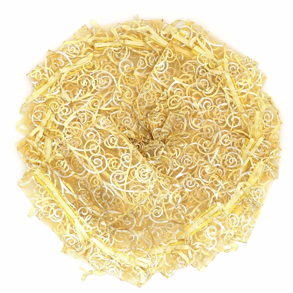 STARUBY Lot de 100 sachets en organza 8x10cm, sacs à cordon pour bijoux, imprimés rotin mariage Noël