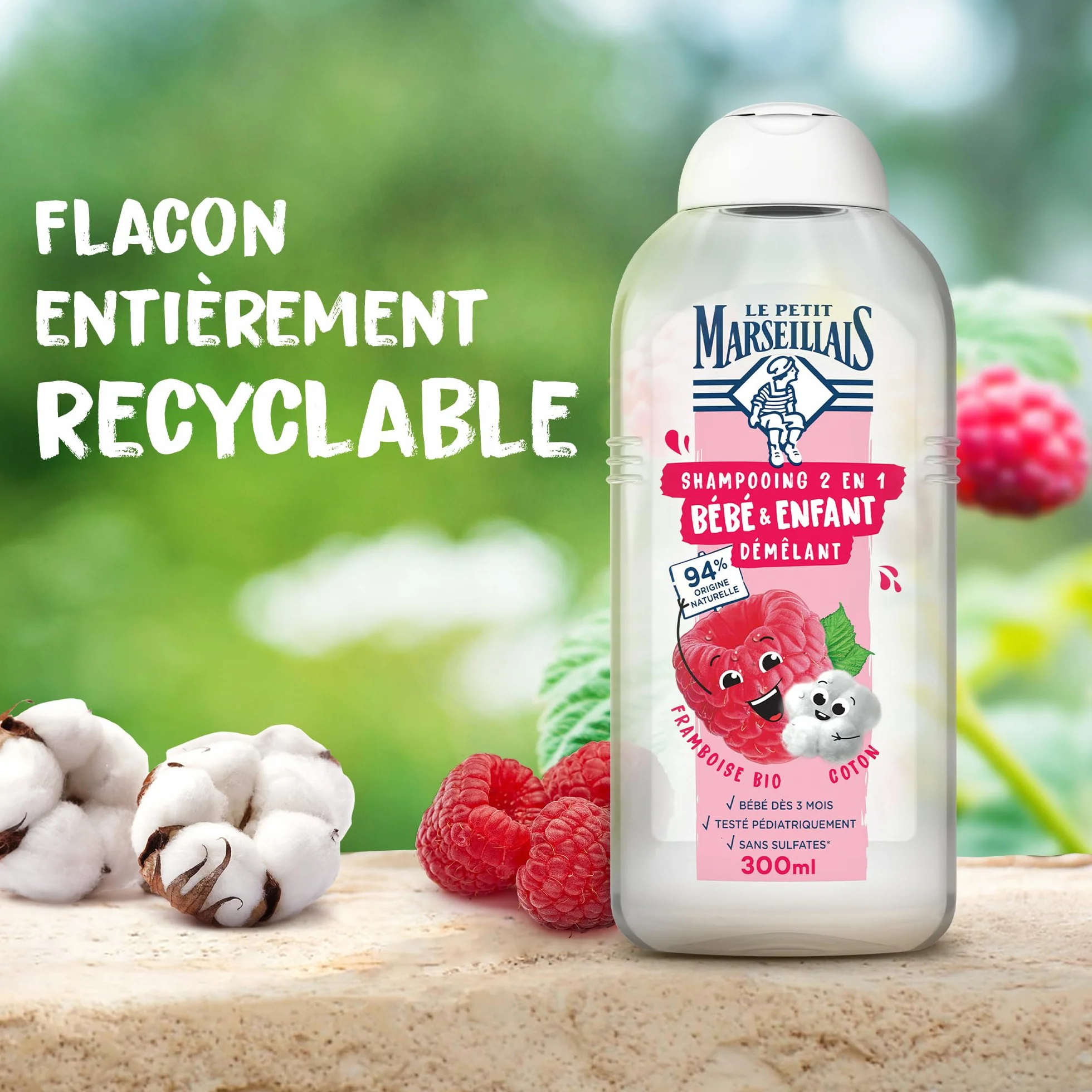 Le Petit Marseillais Shampooing 2 en 1 Bébé & Enfant Démêlant Framboise Bio & Coton 300 ml