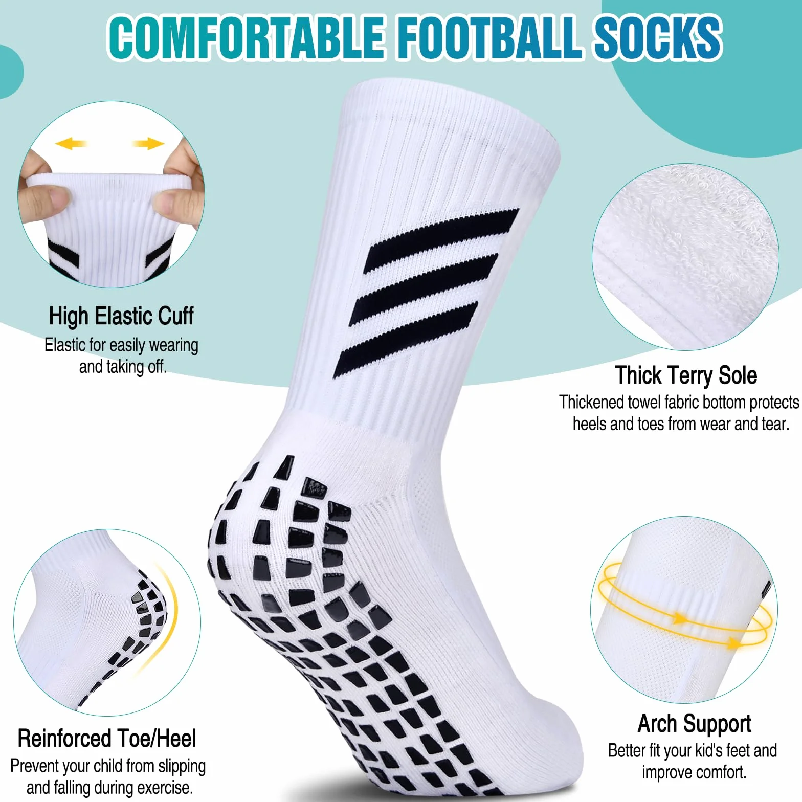 Chaussettes Antidérapantes Foot Enfant 6~12 ans Football Basketball Rugby Tennis