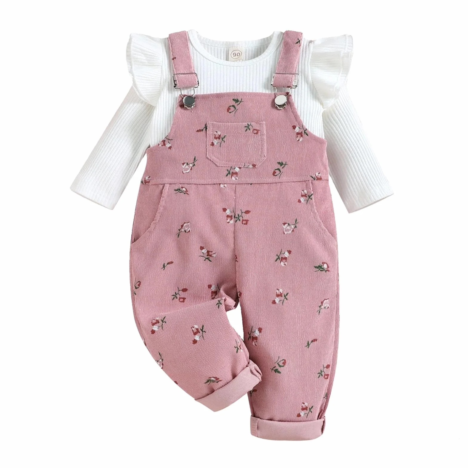 Ensemble Vêtements Bébé Fille Haut Manches Longues Tricot Côtelé Pantalon Bretelles Floral Poches
