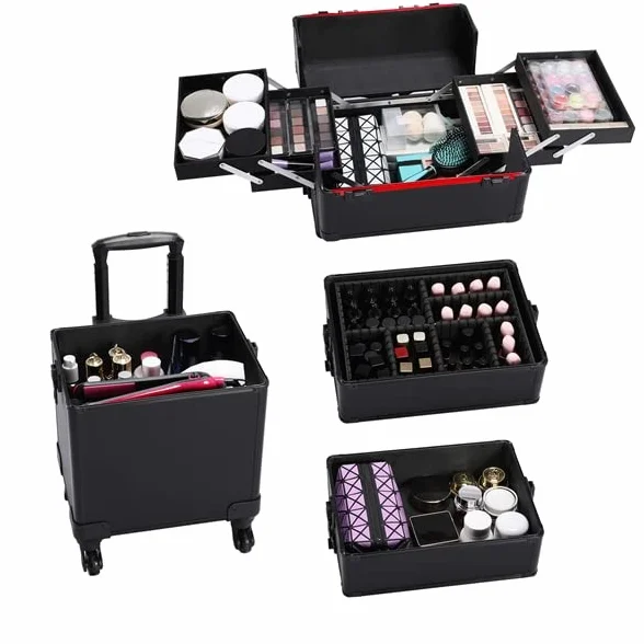 Valise Maquillage Professionnelle 4 en 1 à roulettes, Pivotante 360°, Noir