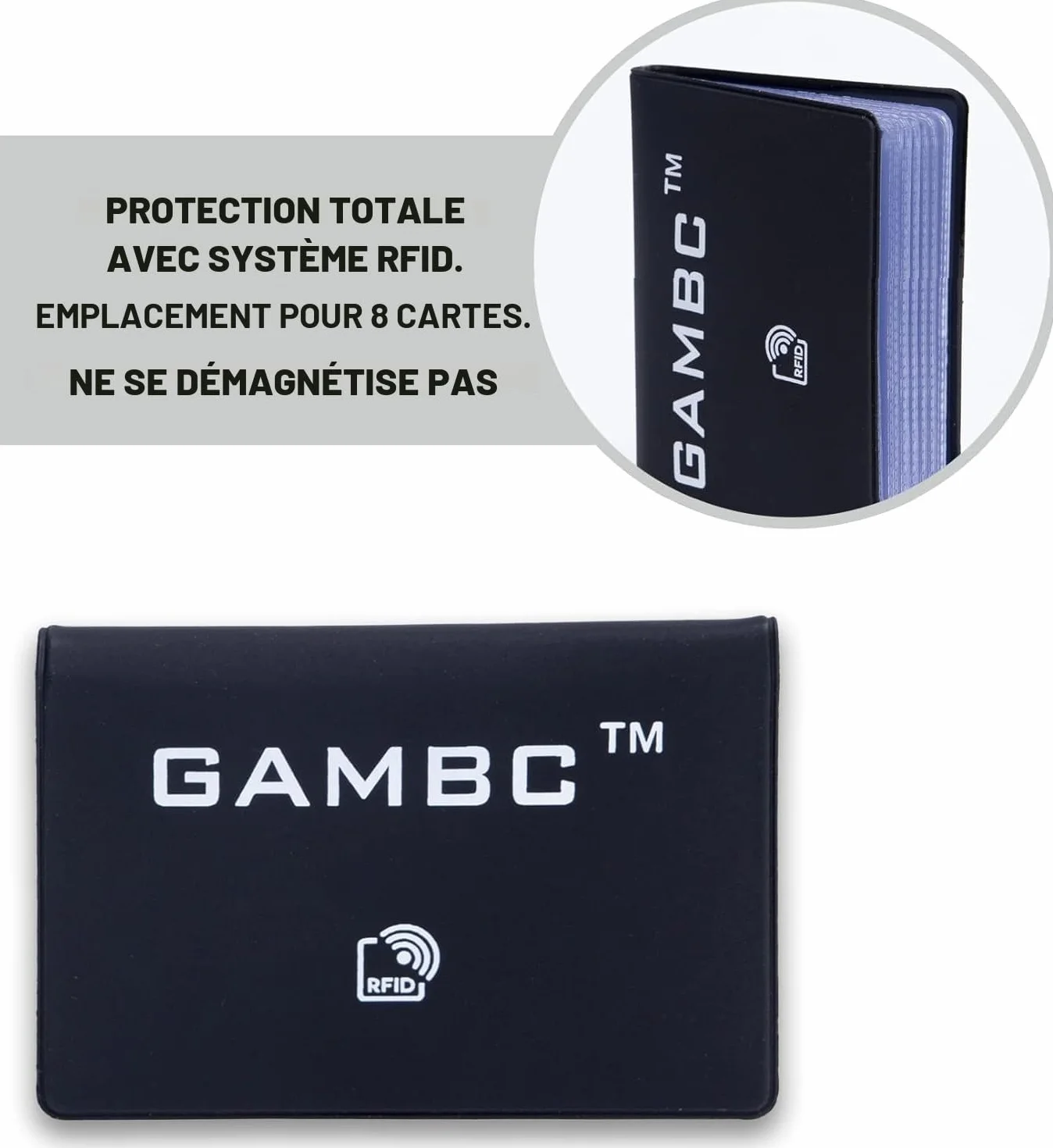 GAMBC® Portefeuille Anti RFID pour Cartes Bancaires, Porte-Carte Fin Semi-Rigide 8 Cartes Noir