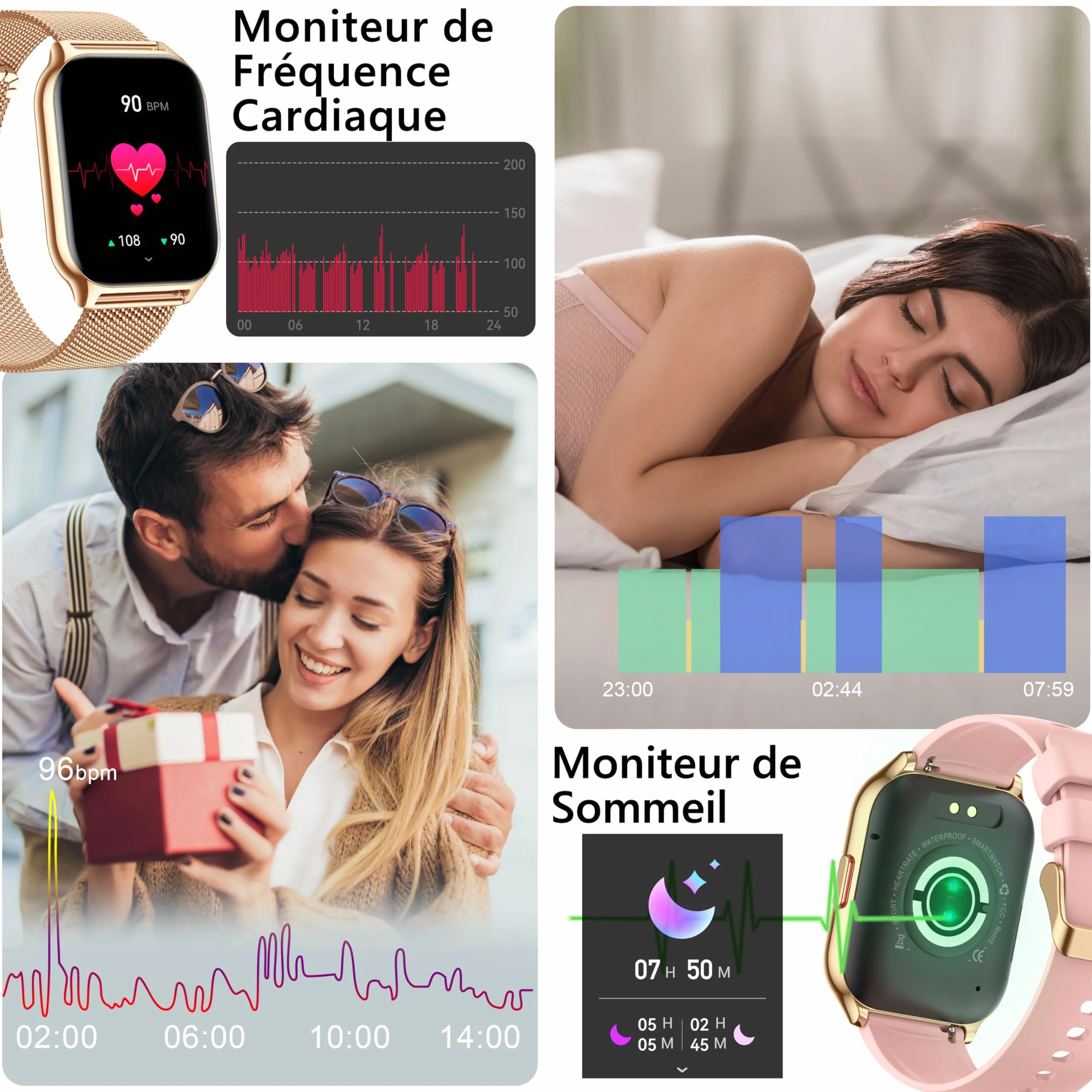 Montre Connectée Femme Homme avec Appel Bluetooth 2,0" HD Smartwatch 100+ Sportifs Moniteur de Sommeil Cardiofréquencemètre Tension Artérielle SpO2 Montre Podometre pour iOS Android