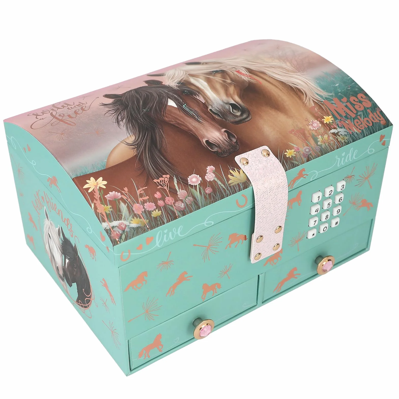 Depesche Miss Melody Grande boîte à Bijoux Turquoise Rose Chevaux Or Rose Code Son Miroir