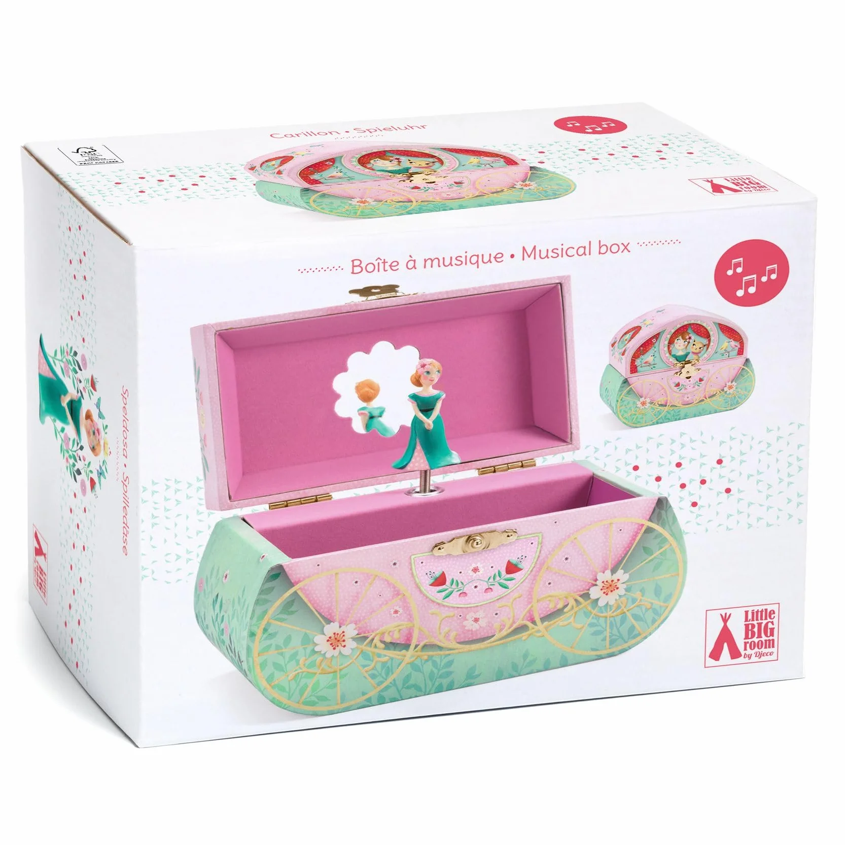 DJECO Boîte à Musique Balade en Carrosse - Rangement Bijoux Élégant - Mélodie Harmonieuse - Papier et Velours, Miroir