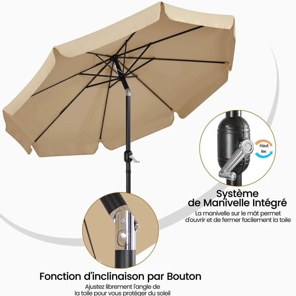 Yaheetech Parasol de Jardin Extérieur 268 cm Inclinable 8 Baleines avec Manivelle Protection Solaire Kaki
