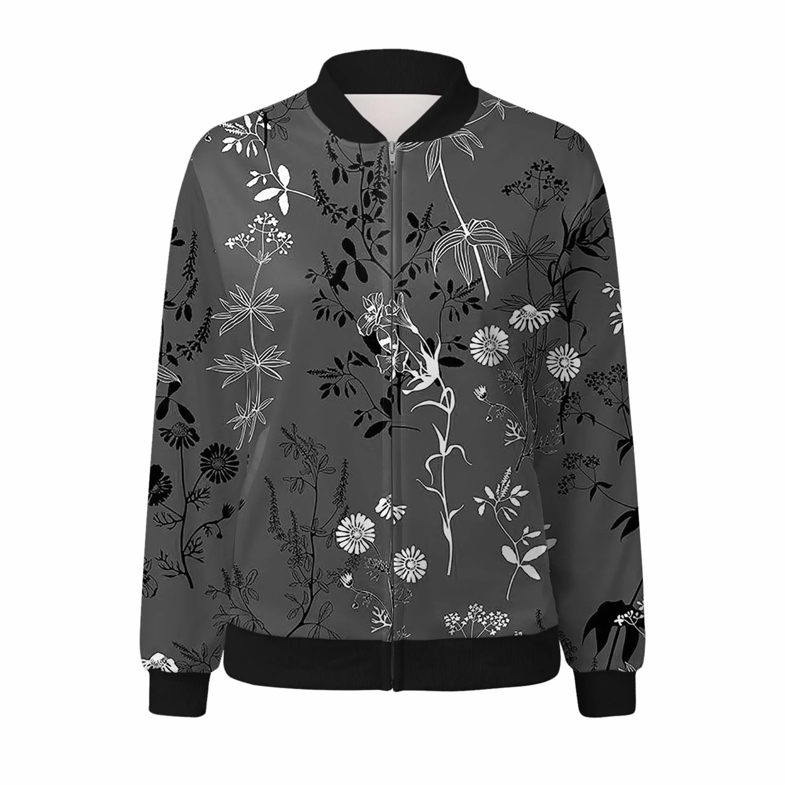 Veste Bomber Femme Fleurie Blouson Printemps Chic Manches Longues Zippé Léger Courte Imprimé Fleur Casual Baseball