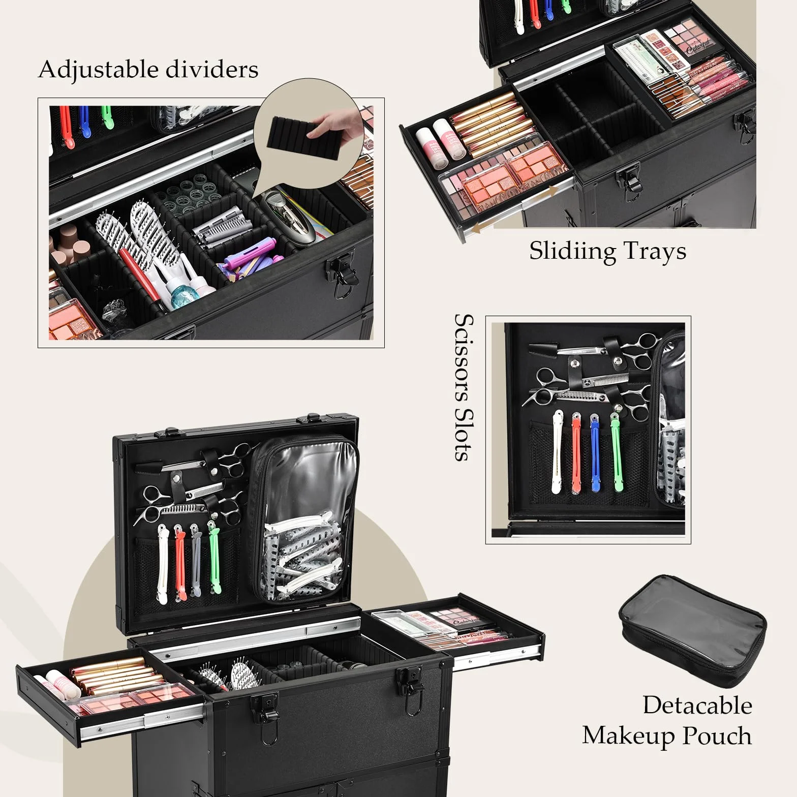 Valise de Maquillage Professionnel 6 Roues - Station Portable Trolley Noir Profond