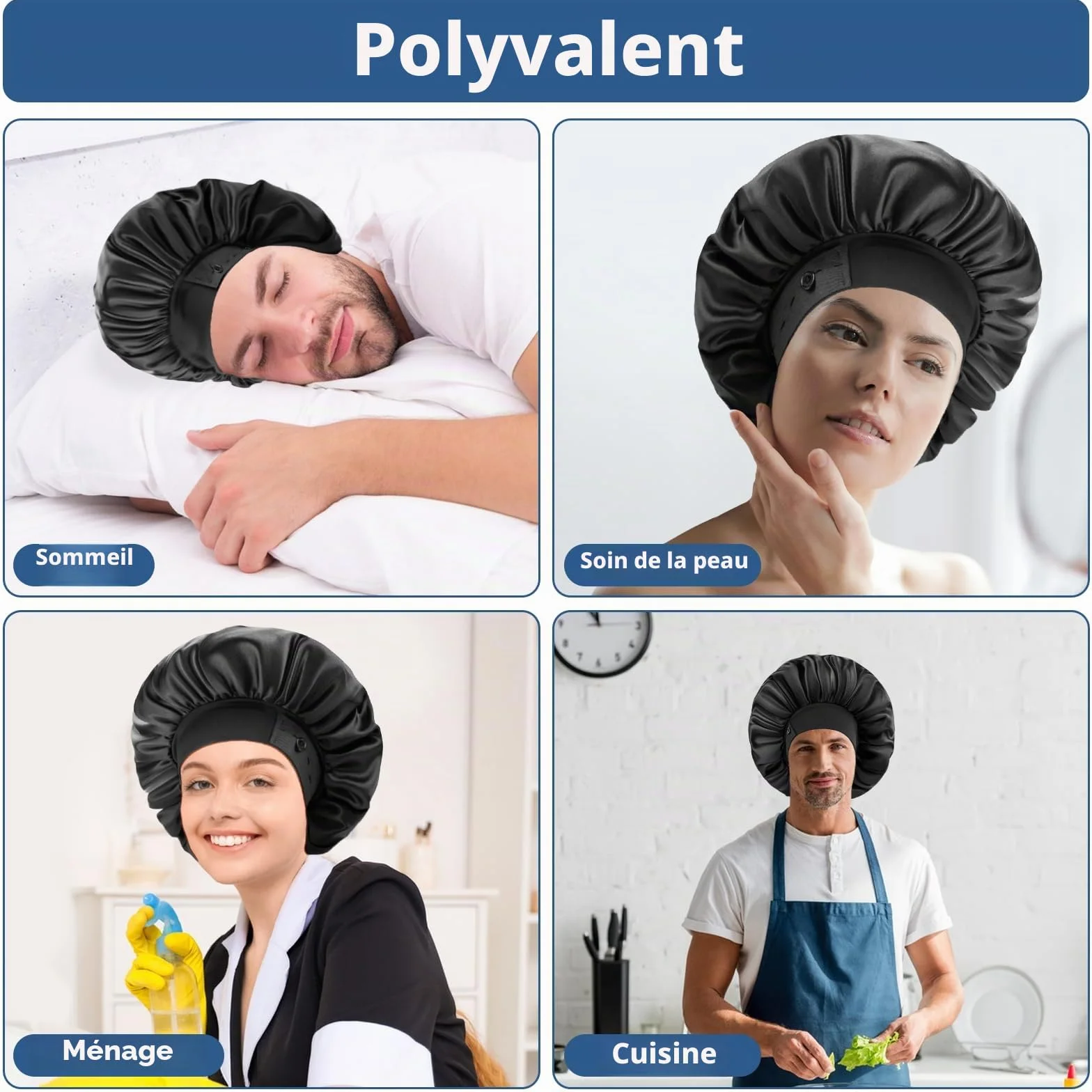 Bonnets en Soie pour Homme, Bonnet de Sommeil Double Couche avec Ourlet Réglable, Idéal pour Tresses Bouclées, Reste en Place (Noir)