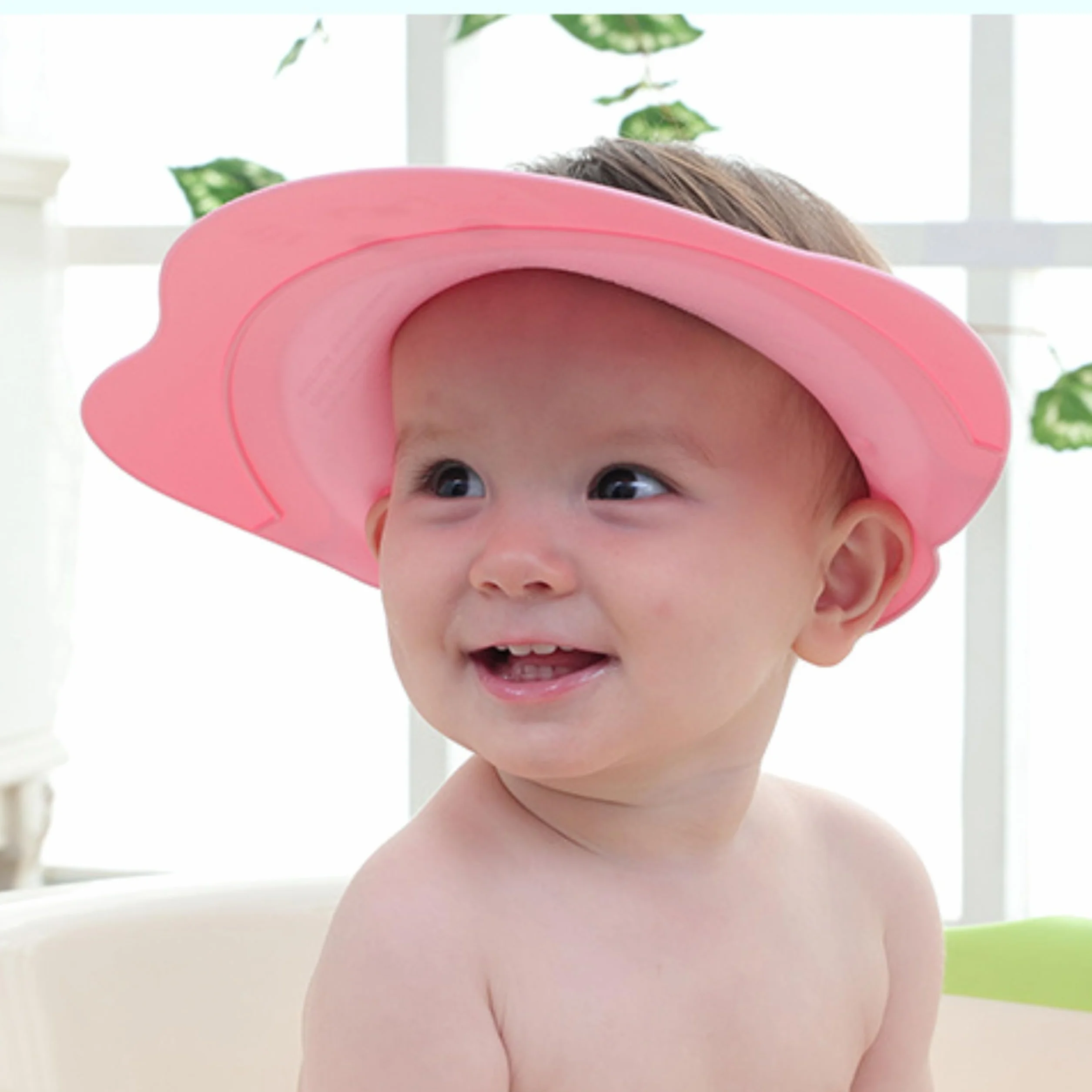 Casquette de bain bébé silicone rose protection yeux oreilles enfants 0-9 ans
