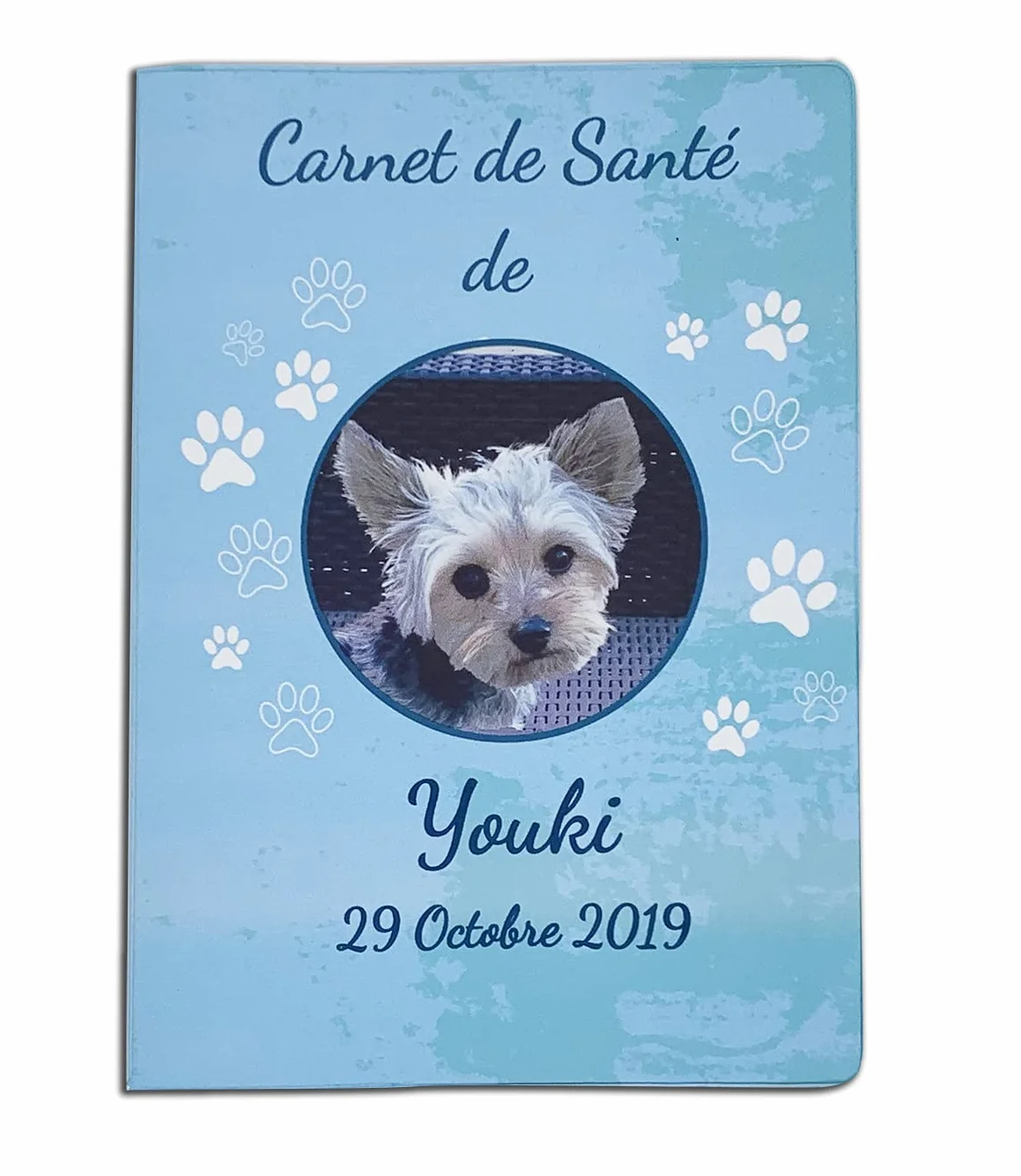 Protège Carnet de Santé Animaux Personnalisé avec Photo et Texte – Gomme Expansée – Fabriqué en France – Chiens & Chats – Modèle Empreinte Bleu Ciel