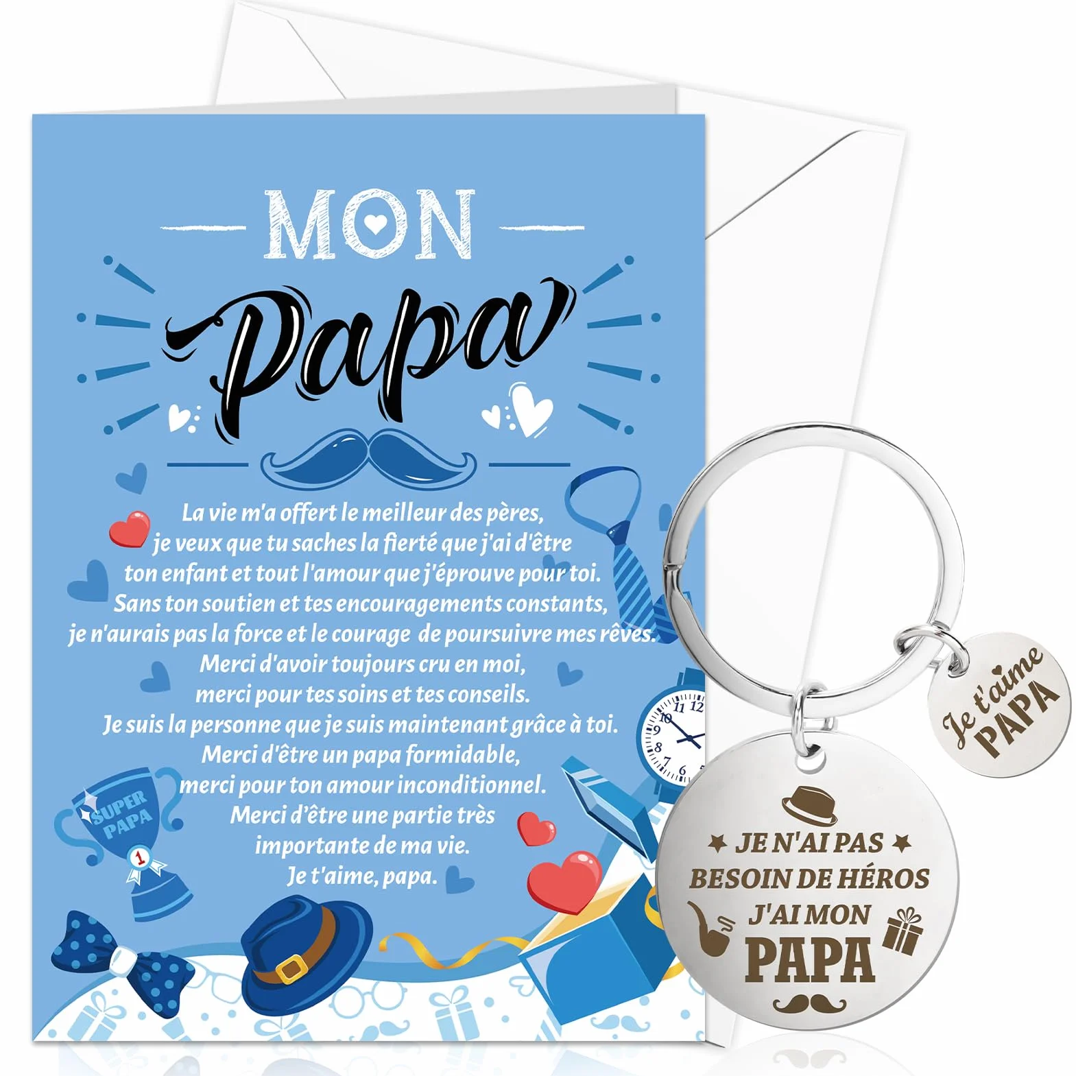 Porte-Clés Carte Je t'aime Papa avec Enveloppe Cadeau Fête des Pères