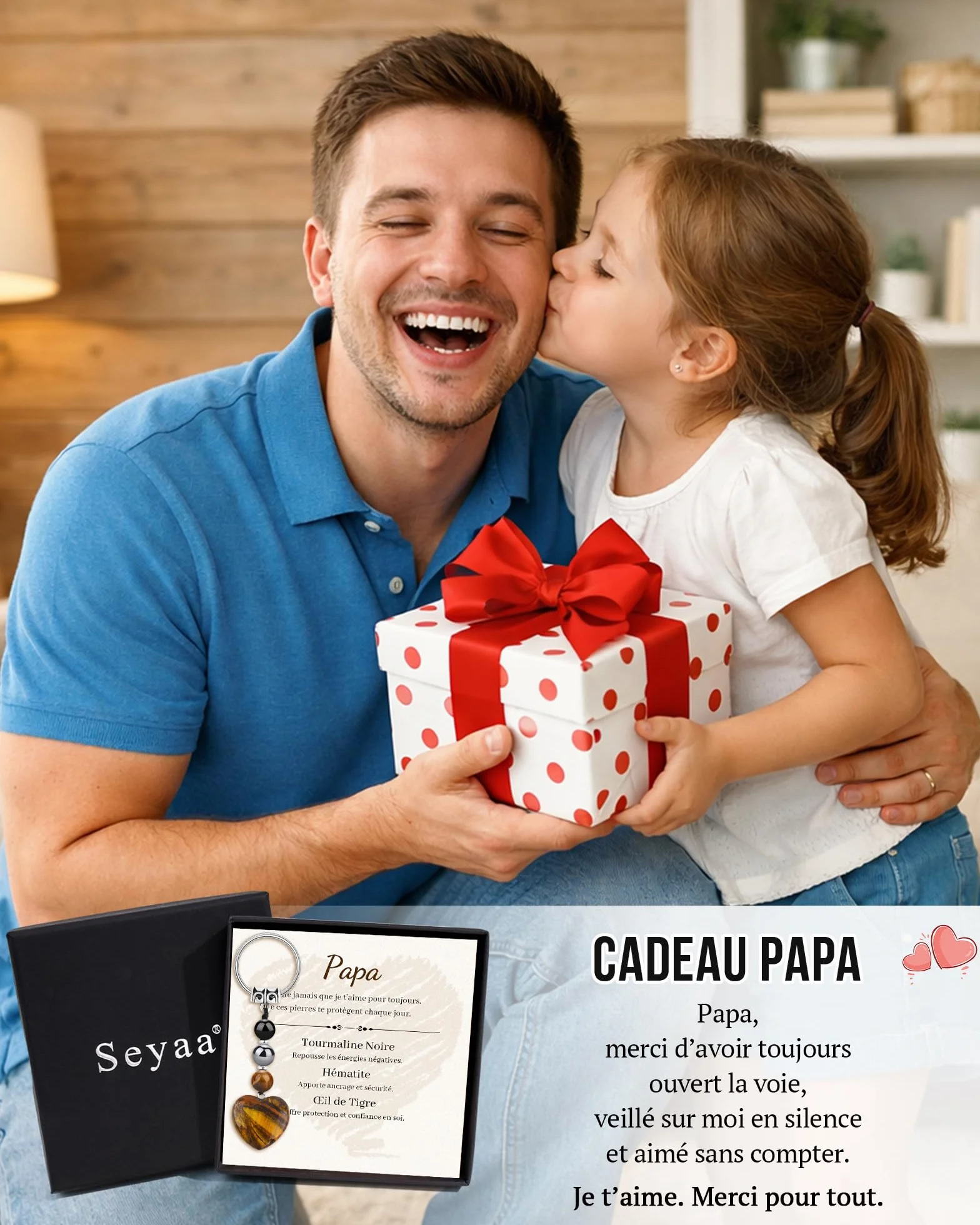 Seyaa Porte Clef Coeur en Oeil de Tigre Cadeau Homme Papa