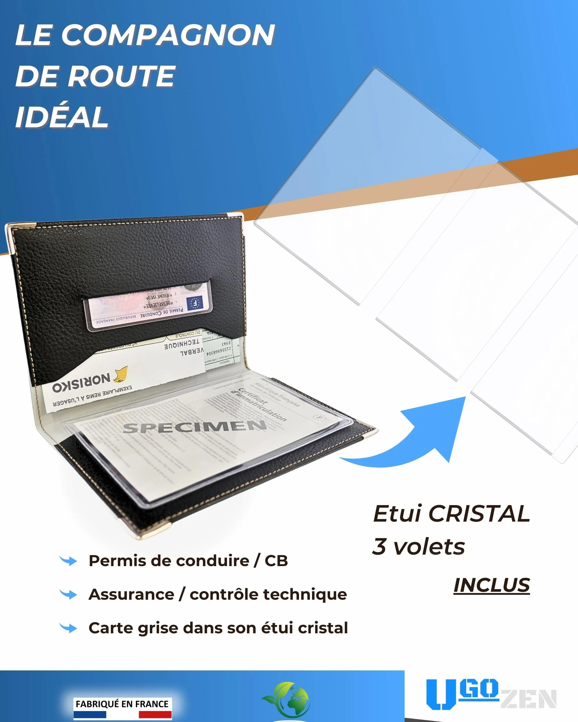 Ugozen Pochette Carte Grise Luxeo Porte Papier Voiture Etui 3 Volets Cristal Inclus