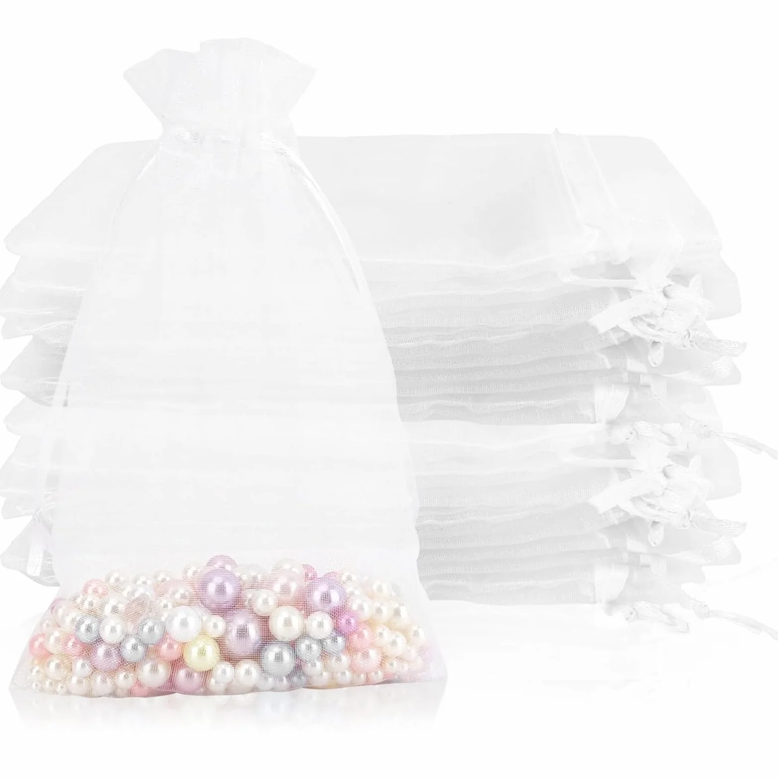 Sachet Organza 50 Pièces 10x15cm Blanc avec Cordon pour Bijoux Cadeaux Mariage
