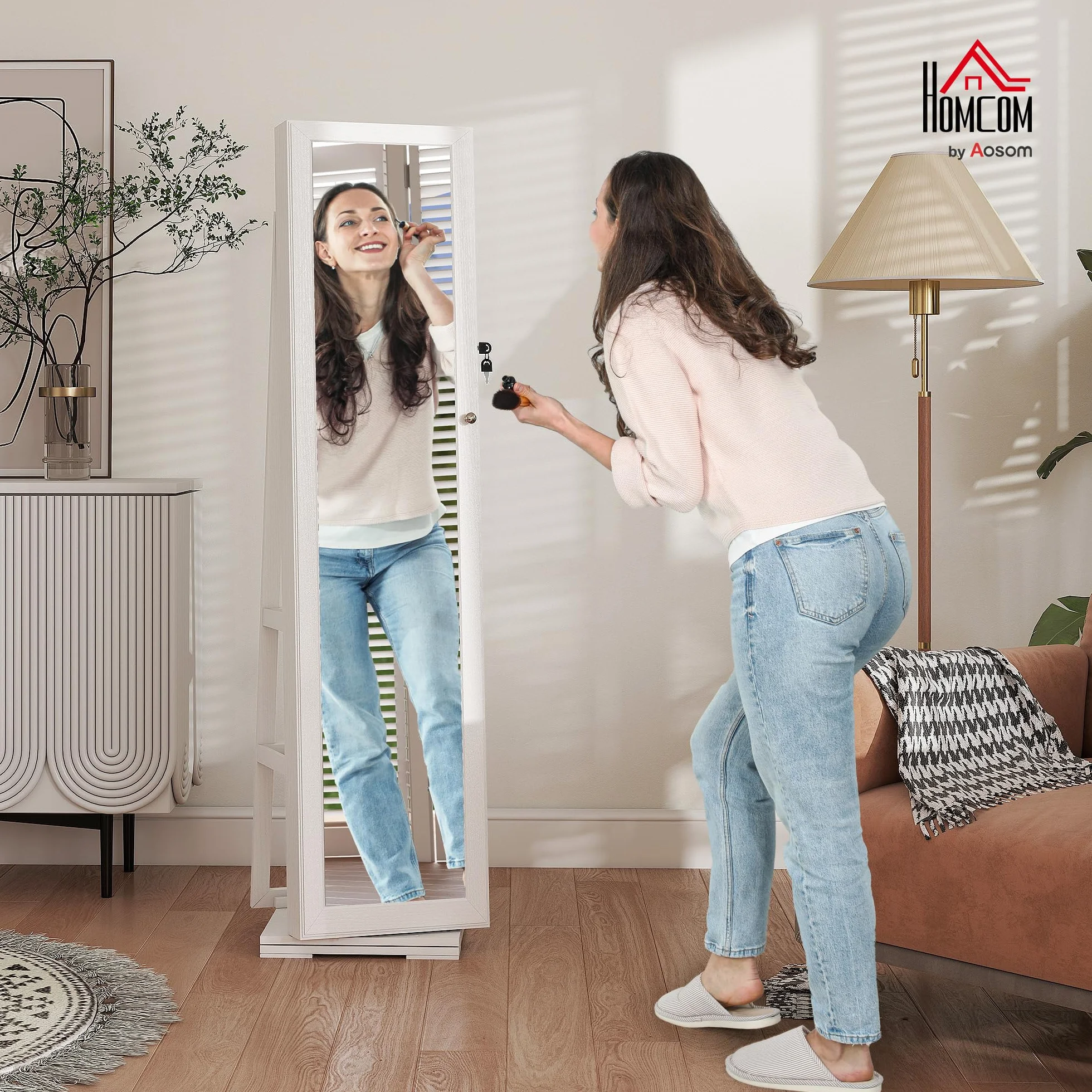 HOMCOM Armoire à Bijoux pivotante verrouillable avec Miroir en Bois Blanc