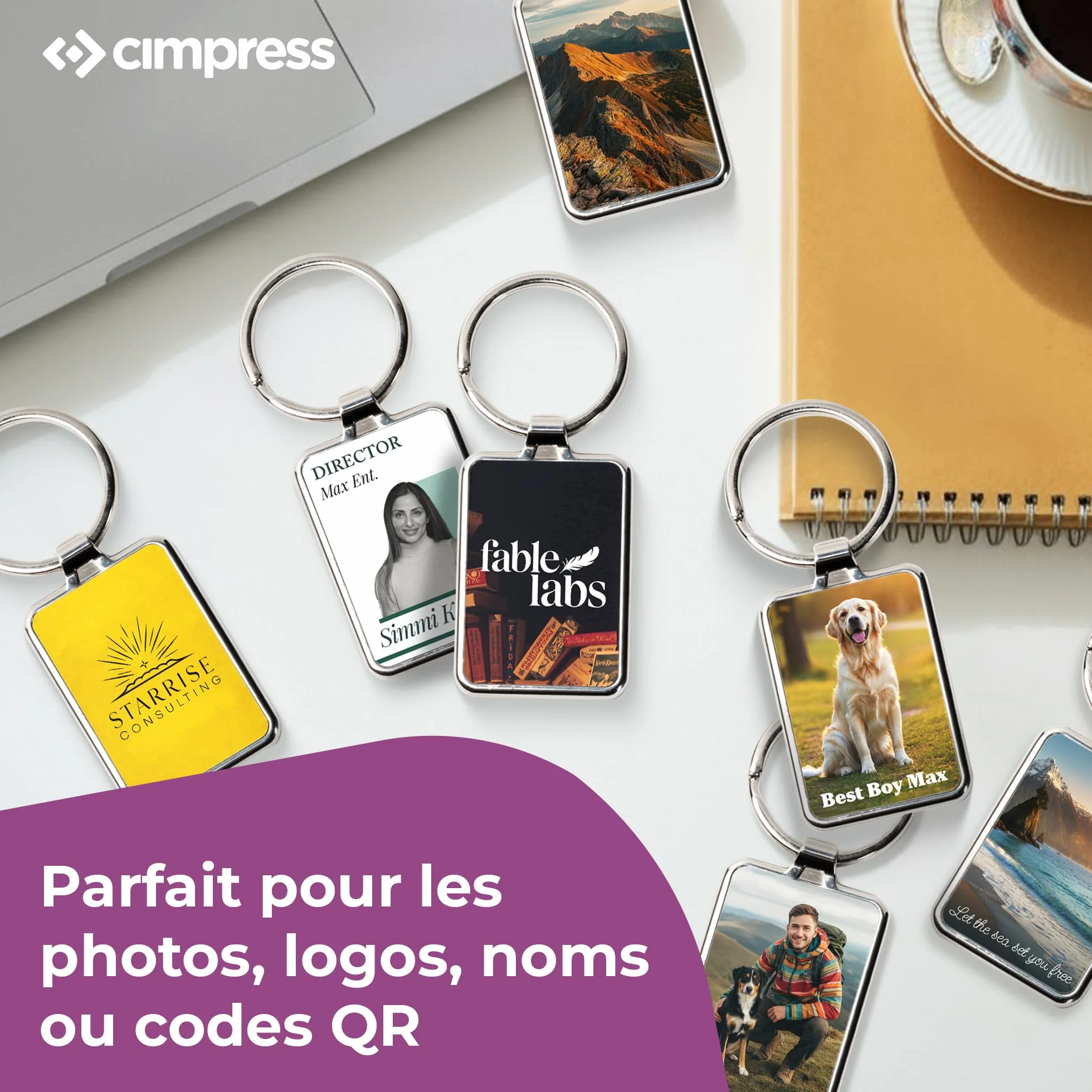 Porte-clé personnalisé en acier inoxydable 7,5 × 3 cm avec photo ou texte, impression couleur