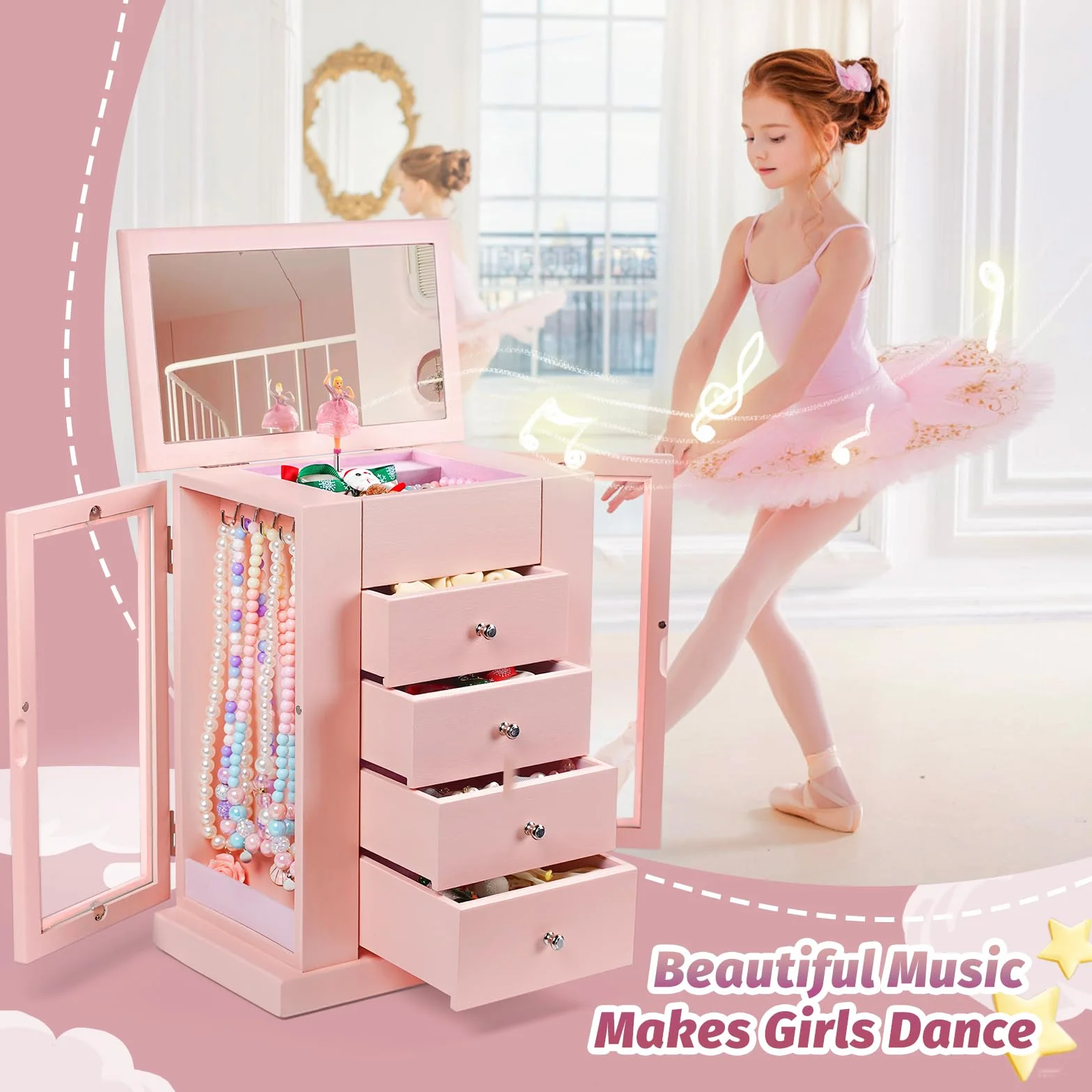 Boite a Bijoux Fille Musicale avec Danseuse en Rotation, 5 Niveaux, Bois, Cadeau Anniversaire (Rosa)