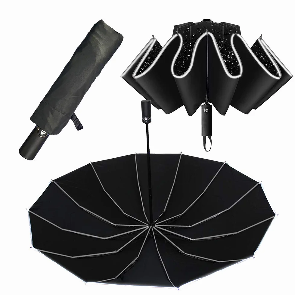 Parapluie anti-tempête extra stable 12 nervures pliage inversé automatique compact femme de poche