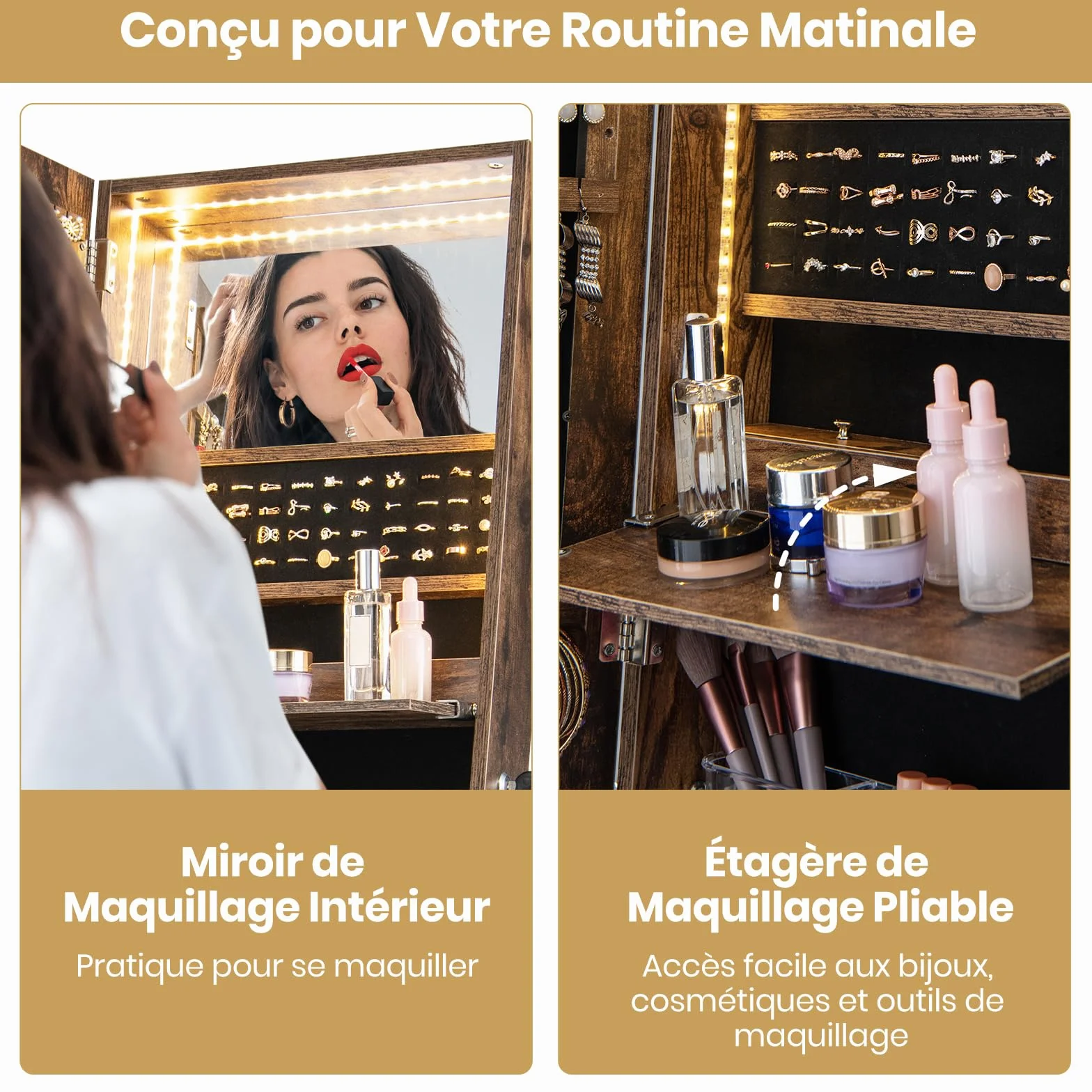 GOPLUS Armoire à Bijoux sur Pied 166CM avec Lumières LED 3 Couleurs, Miroir Pleine Longueur, Verrouillable (Marron)