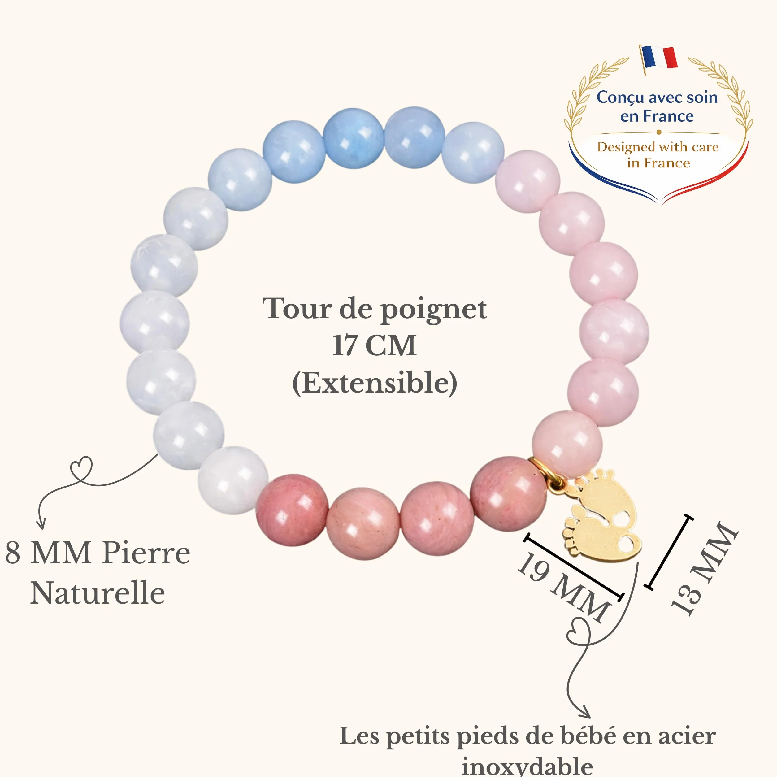 Bracelet Pierre Naturelle Future Maman Breloque Pied Bébé Dorée Rhodonite Quartz Cadeau Femme Enceinte Fait Main Coffret