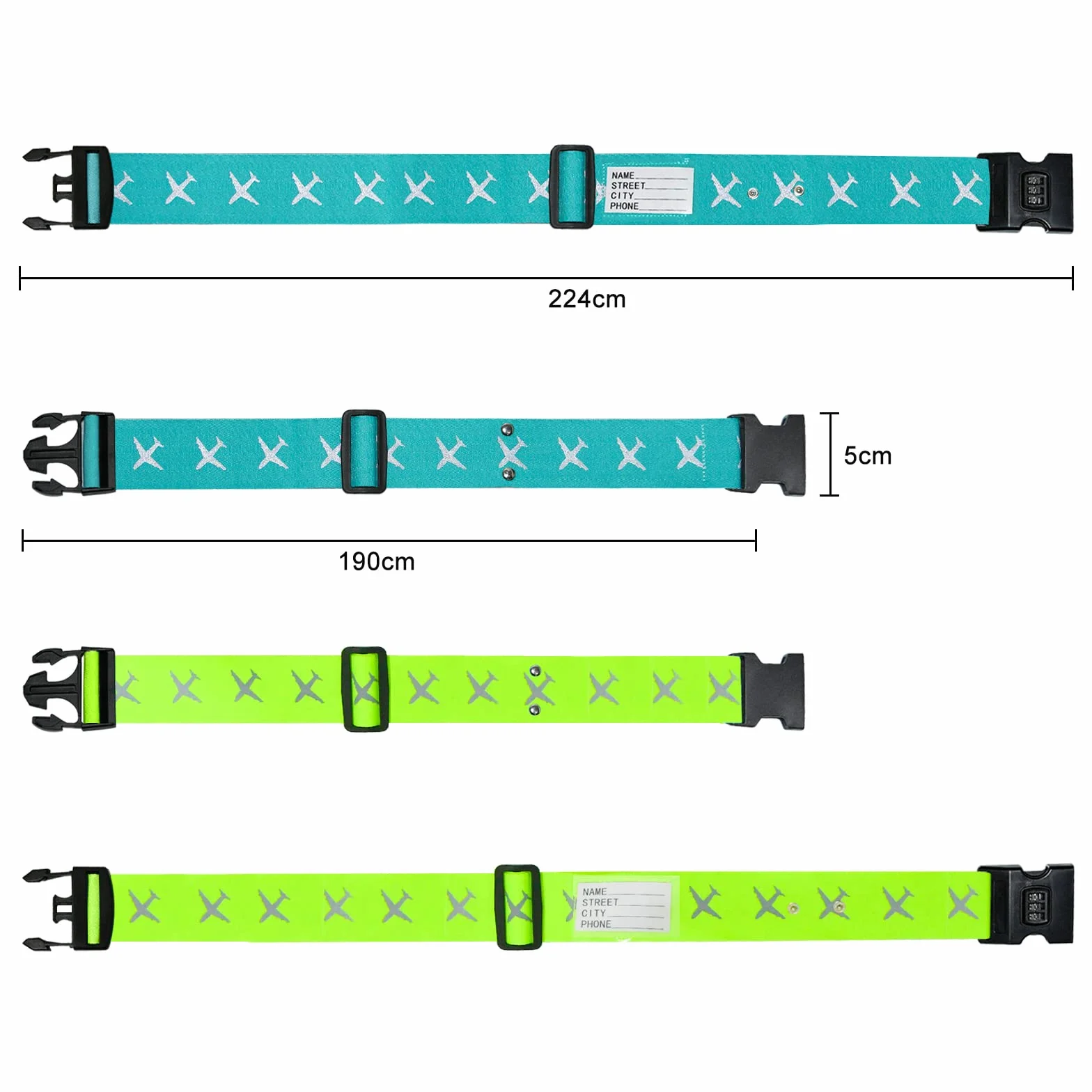 AOKITO Sangle Valise 4 Pièces avec Serrure à Combinaison Réglable pour Valises 20-34 Pouces Lac Bleu et Vert Vif