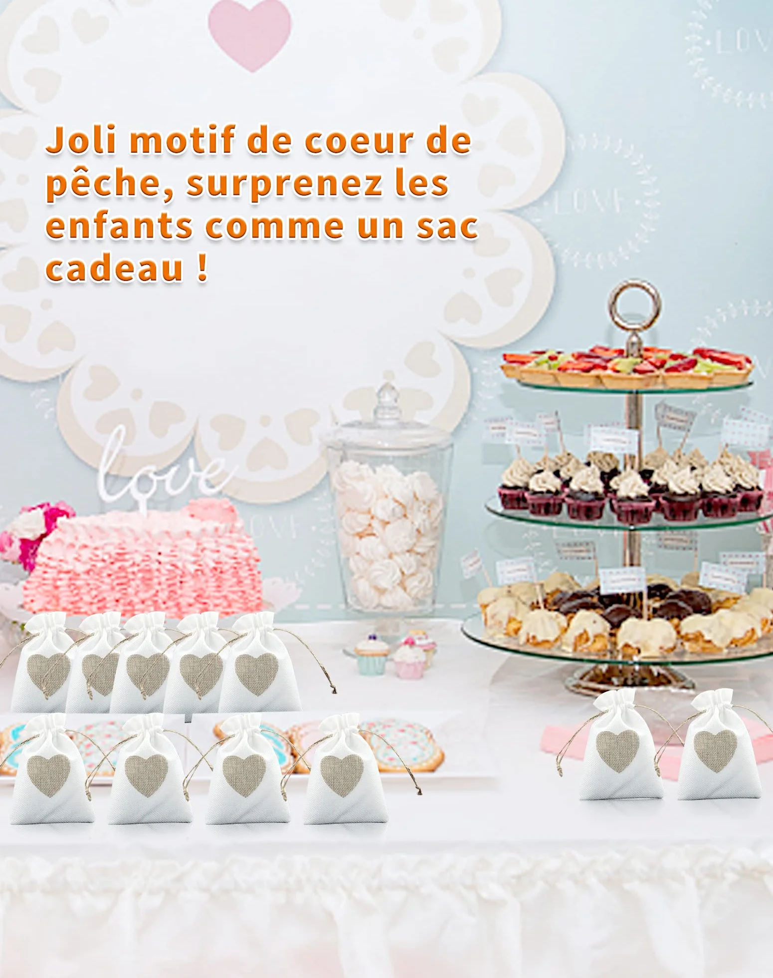 Sachet Tissu en Jute 10 x 14cm Petite Pochette Motif de Coeur Pochon bijoux Mariage lavande Baptêmes Noël faveur