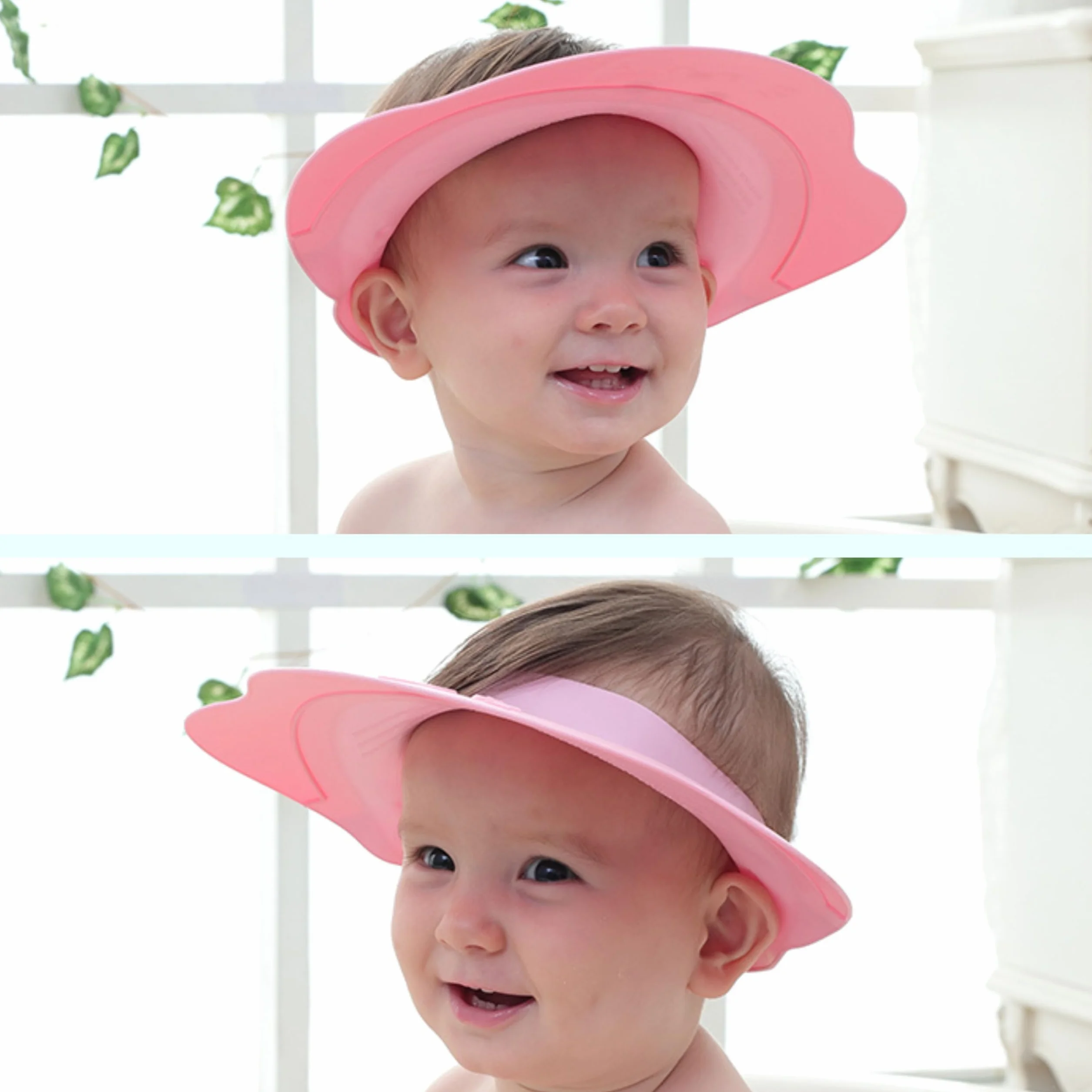 Casquette de bain bébé silicone rose protection yeux oreilles enfants 0-9 ans