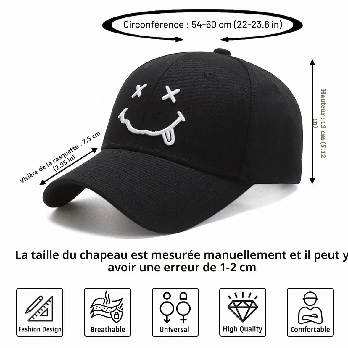 Casquette Baseball Enwokran Respirante Légère Réglable Unisexe Brodée Coton Anti-Soleil Sourire Hip Hop Sport Outdoor