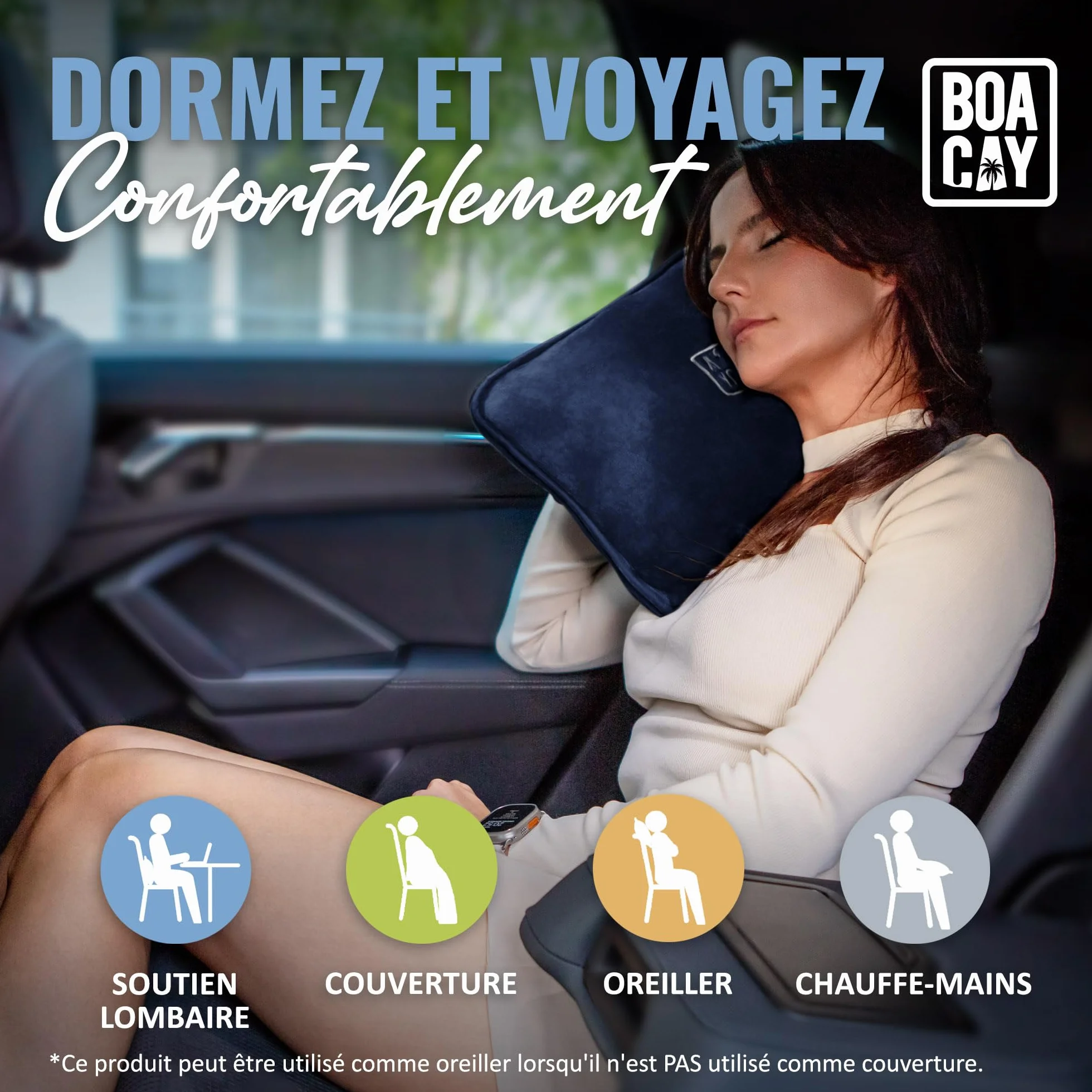 BOACAY Couverture de Voyage Douce Chaude Avion Voiture Oreiller Compact Manchon Bagages Clip Sac à Dos