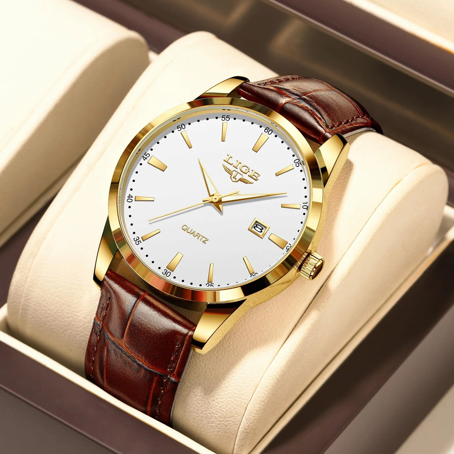 LIGE Montre Hommes Date Étanche Quartz Cuir Jaune-Brun