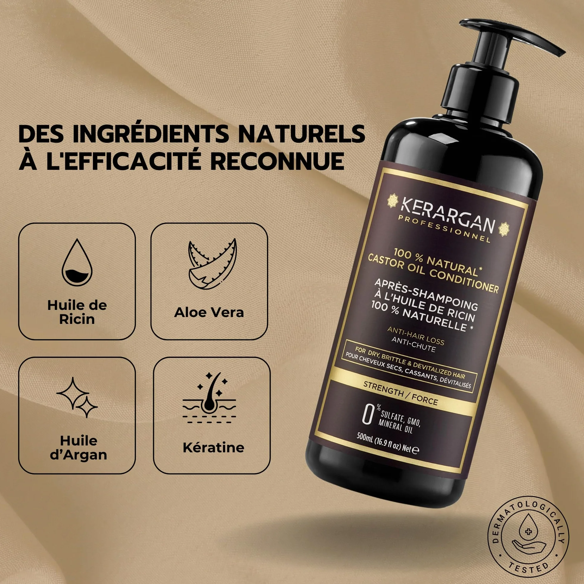 Kerargan Après-Shampoing Anti-Chute Huile de Ricin Démêlant Nourrissant Cheveux Secs Cassants Kératine Huile d'Argan Sans Sulfate 500ml