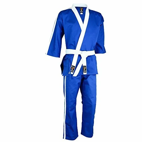 Playwell Uniforme de démo/club à rayures pour arts martiaux - Bleu avec 2 bandes blanches