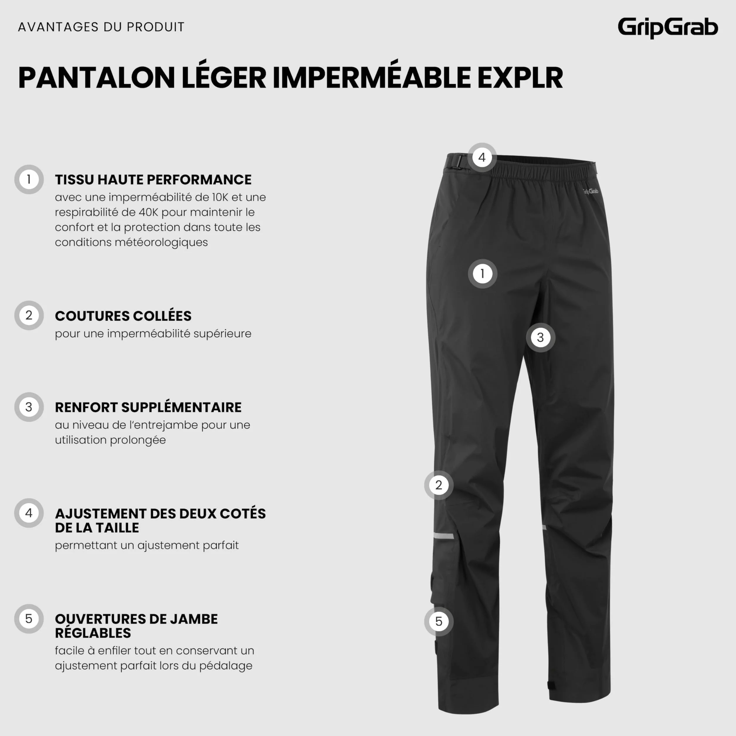 GripGrab Pantalon Cyclisme Léger Imperméable EXPLR Surpantalon Coupe-Vent Pluie Vélo
