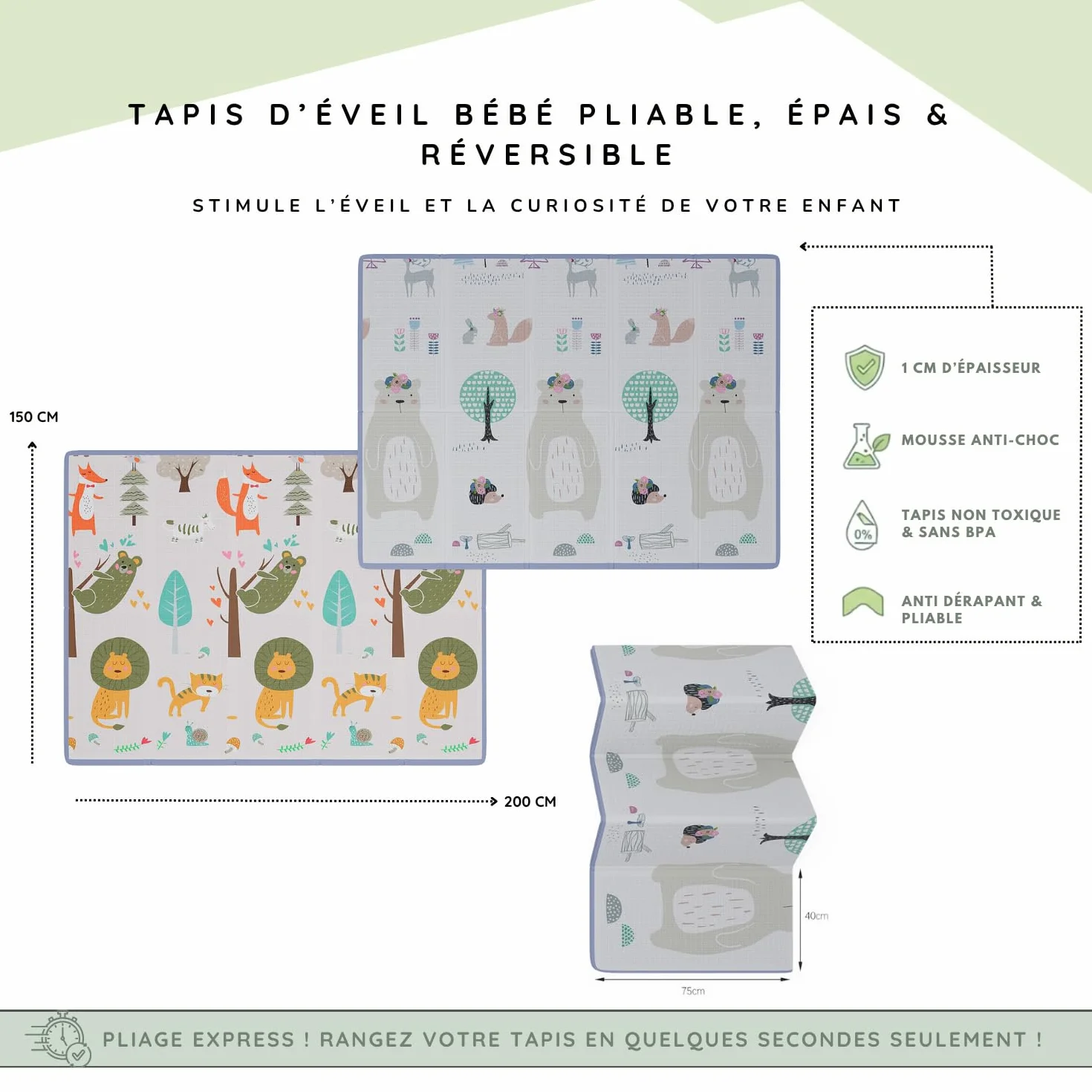 Tapis d'Éveil Bébé Pliable 200x150x1cm – Tapis de Jeu Épais Réversible Antidérapant Imperméable CE Sans BPA