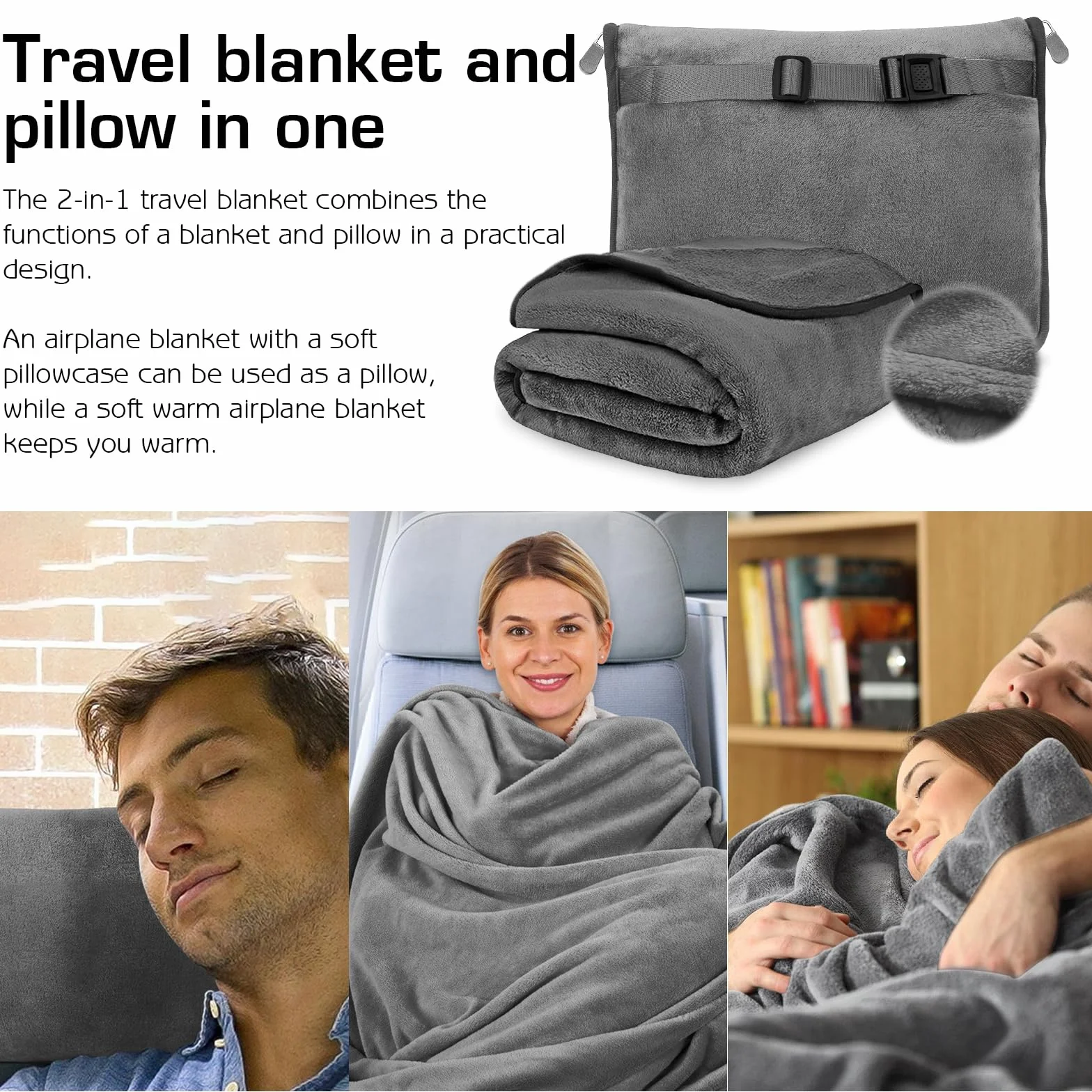 Couverture de coussin 2 en 1 grise 127 × 152 cm ultra légère pour voyage et voiture