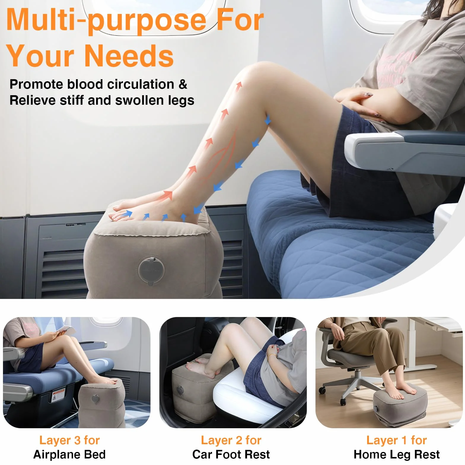 Repose-pied gonflable Maliton, Coussin de voyage réglable pour avion/voiture, Avec poche – Gris