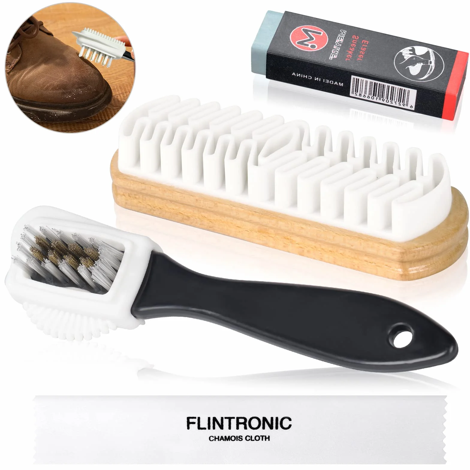 Flintronic Kit de Brosses à Chaussures pour Daim, Brosse en Crêpe avec Gomme de Nettoyage, 4 Côtés